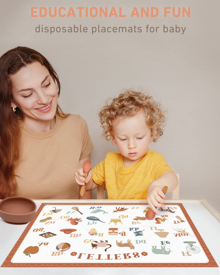 Babebay Disposable Placemats for Baby, 40 Pack Sticky Toddler Placemat for Restaurants, Dining Table, Party, Travel, 12 x 18 with 4 Designs