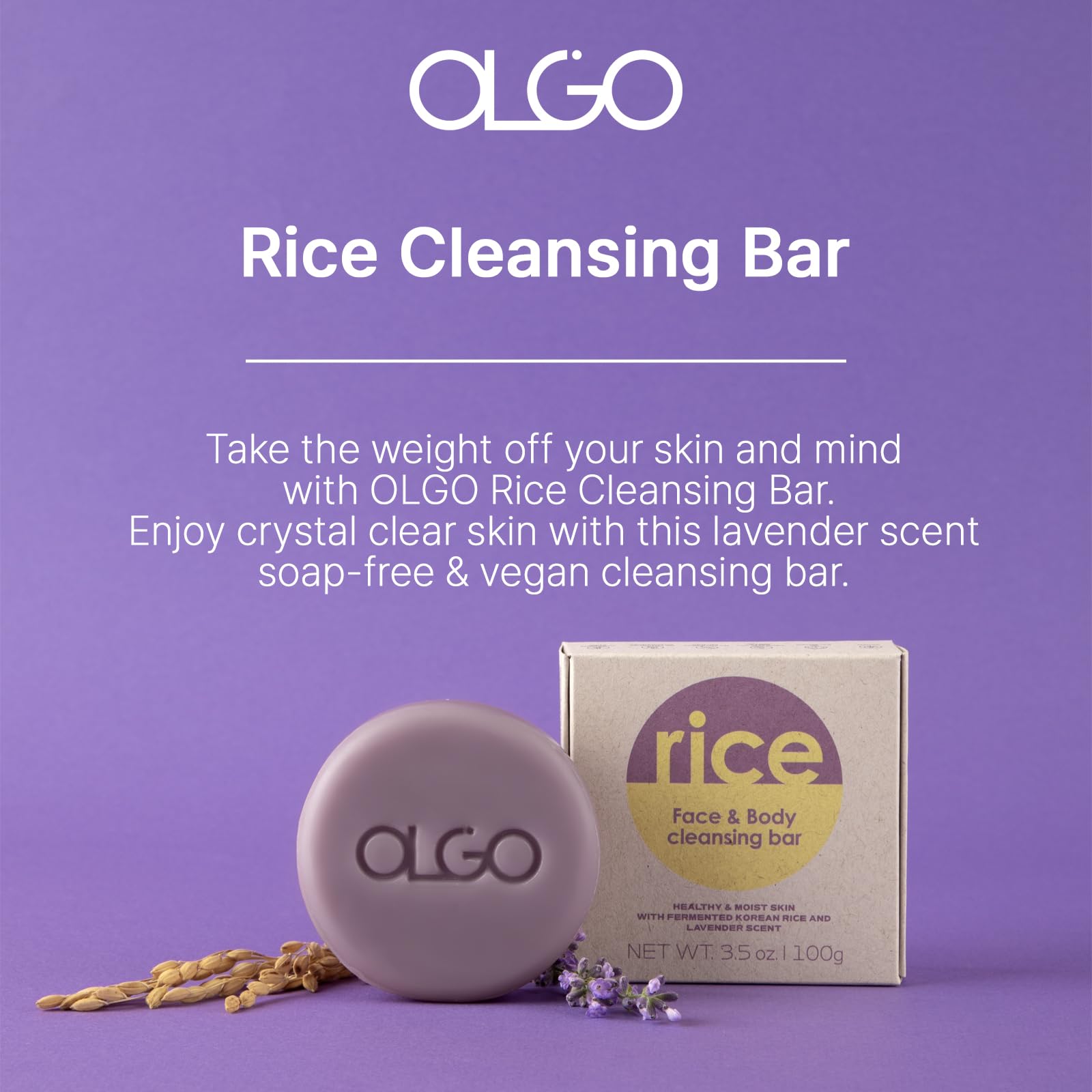 OLGO Rice Cleansing Bar 3.5 oz - Soap-free cleansing bar for face and body | crystal clear & moist skin with fermented Korean rice water and natural lavender oil | vegan, sustainable formula