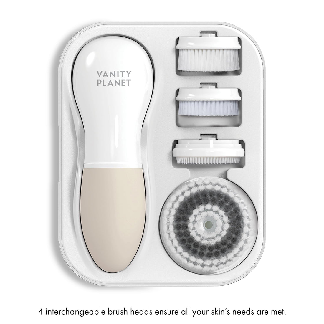Vanity Planet Raedia Facial Cleansing Brush with 3 Interchangeable Face Brushes for Cleansing, Exfoliating and Silicone Brush, Cordless, Water Resistant (Warm Gray)