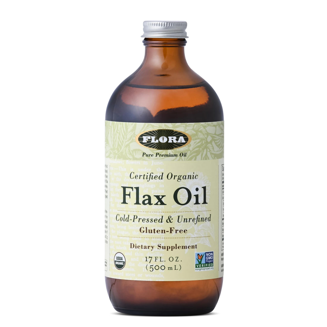 Flora Certified Organic Flax Seed Oil - Cold Pressed & Unrefined - Non-GMO, Gluten-Free, Kosher Omega Flax Oil Blend - Essential Fatty Acids for Wellness - Amber Glass Bottle - 17 oz