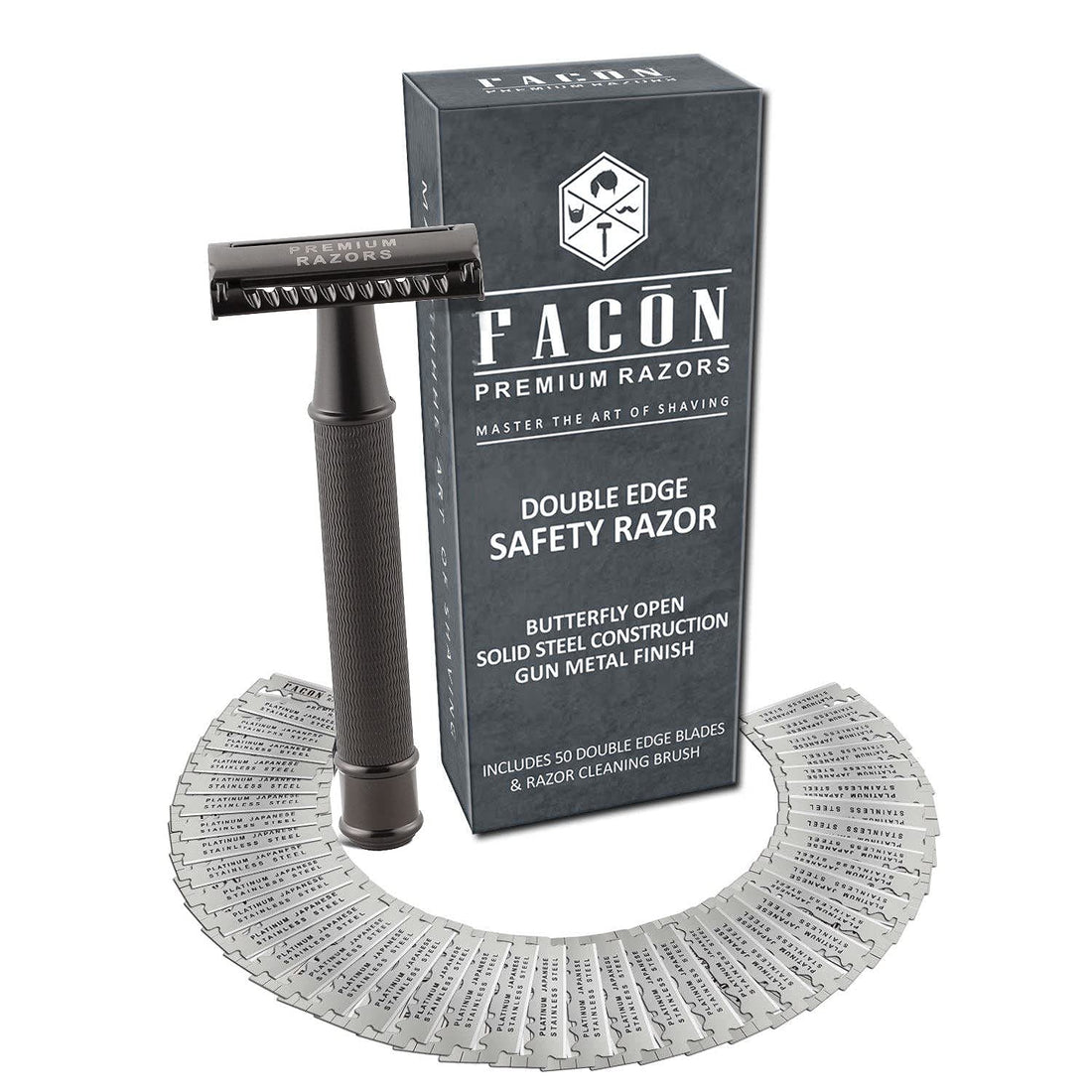 50 BLADES + Facón Vintage Long Handle Double Edge Safety Razor - Platinum Japanese Stainless Steel Blades - Butterfly Open Shaving Razor for Smooth Wet Shaving Experience - 200+ Shaves