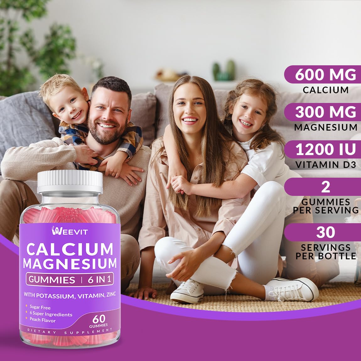 Sugar Free Calcium Gummies 600mg w/Vitamin D3 K2, Potassium, Calcium Magnesium Zinc Gummies for Bone, Muscle & Immune, Algae Calcium Magnesium 2:1 Ratio Calcium Supplement for Women & Men - Vegan