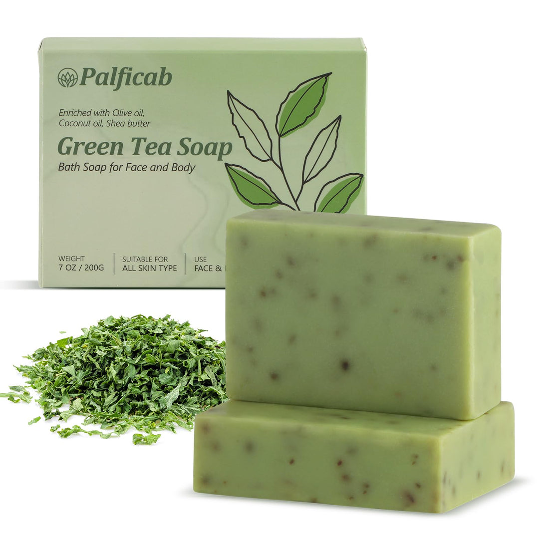 PALFICAB Green Tea Soap Bar, Natural Bath Soap with Tea Leaves, Coconut Oil, Shea Butter, Homemade - Vegan Bar Soap with Cold Pressed For Face and Body, Help Moisturizing Soften Dry Skin, 2 Bars