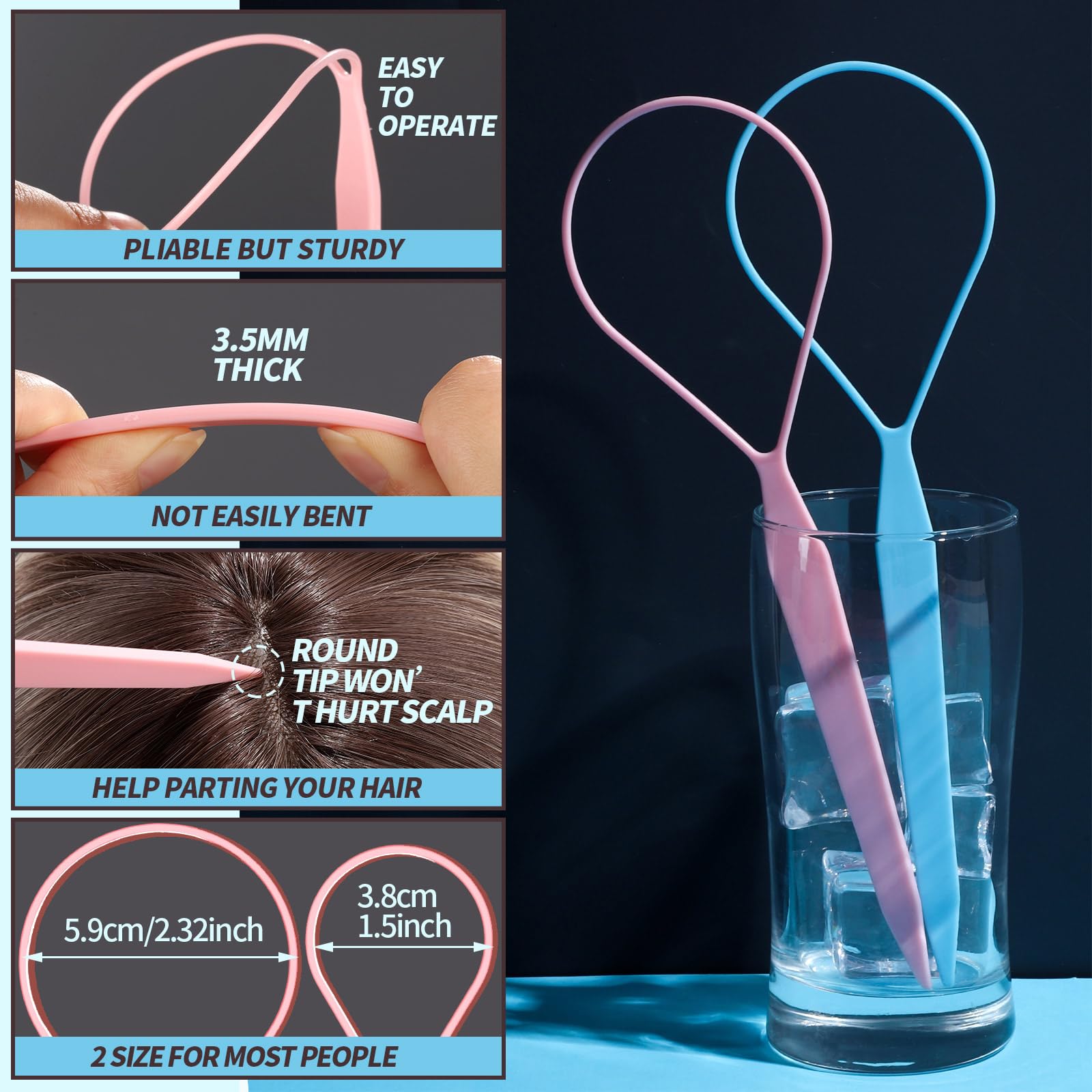 Teenitor 4pcs Pony Hair Tail Tools, 2 Pairs Hair Loop Styling Tool Hair Flipper Pull Through Tool, French Braiding Hair Tool Hair Accessories for Women Girls, Loop Hair Tool, Light Blue/Light Pink