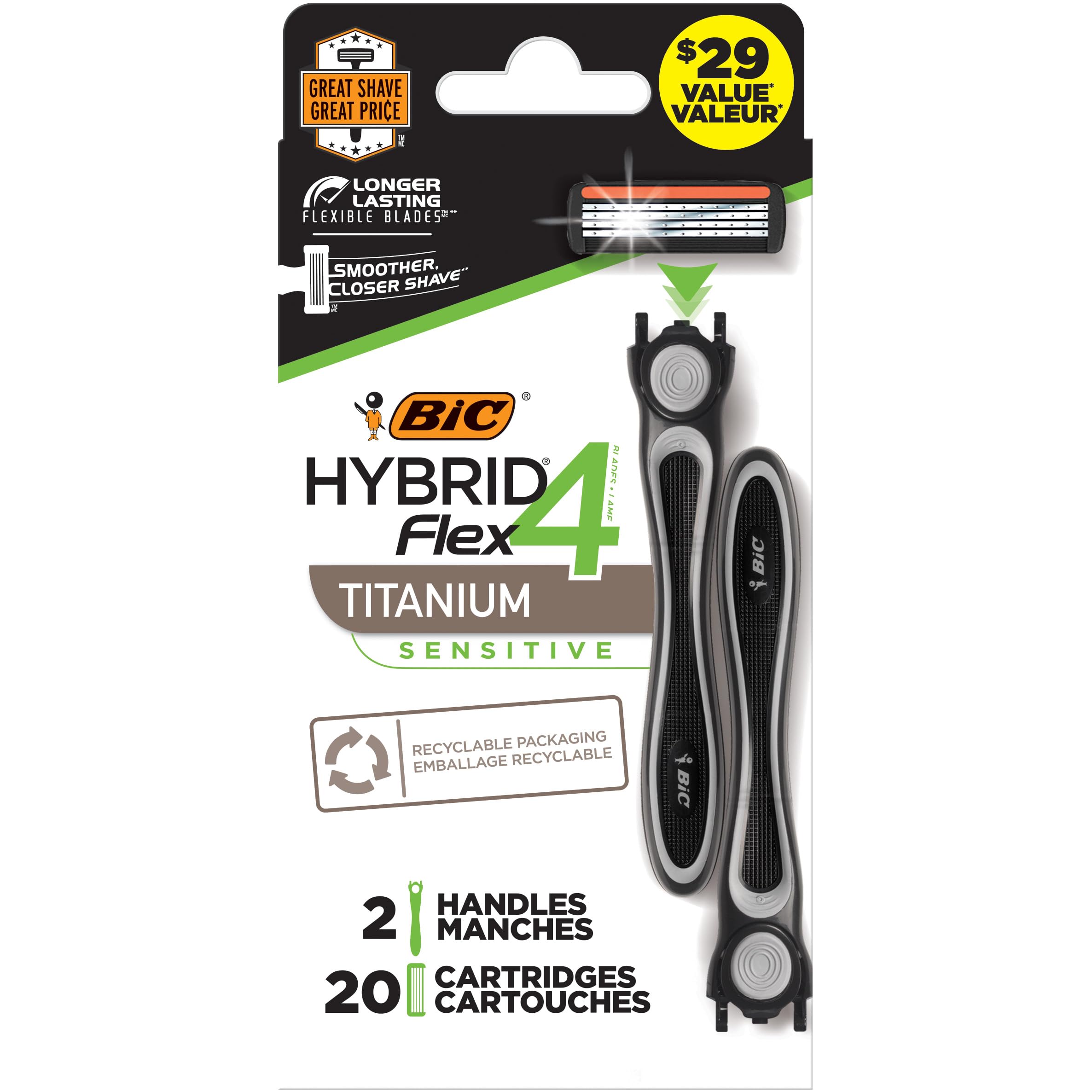 BIC Flex 4 Sensitive Hybrid Men's 4-Blade Disposable Razor, 2 Handles and 20 Cartridges, Smooth and Close Shave