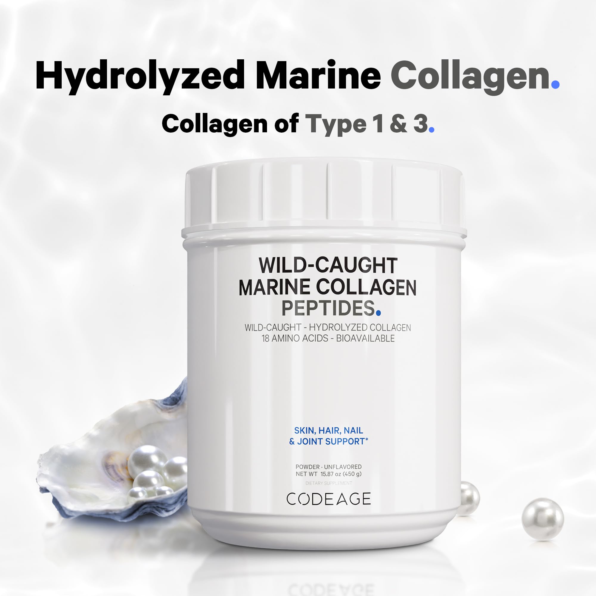 Codeage Marine Collagen Powder - Wild-Caught Hydrolyzed Fish Collagen Peptides - Type 1 & 3 Collagen Protein Supplement - Amino Acids for Skin, Hair, Nails - Paleo Friendly, Non-GMO, 15.87 Ounces