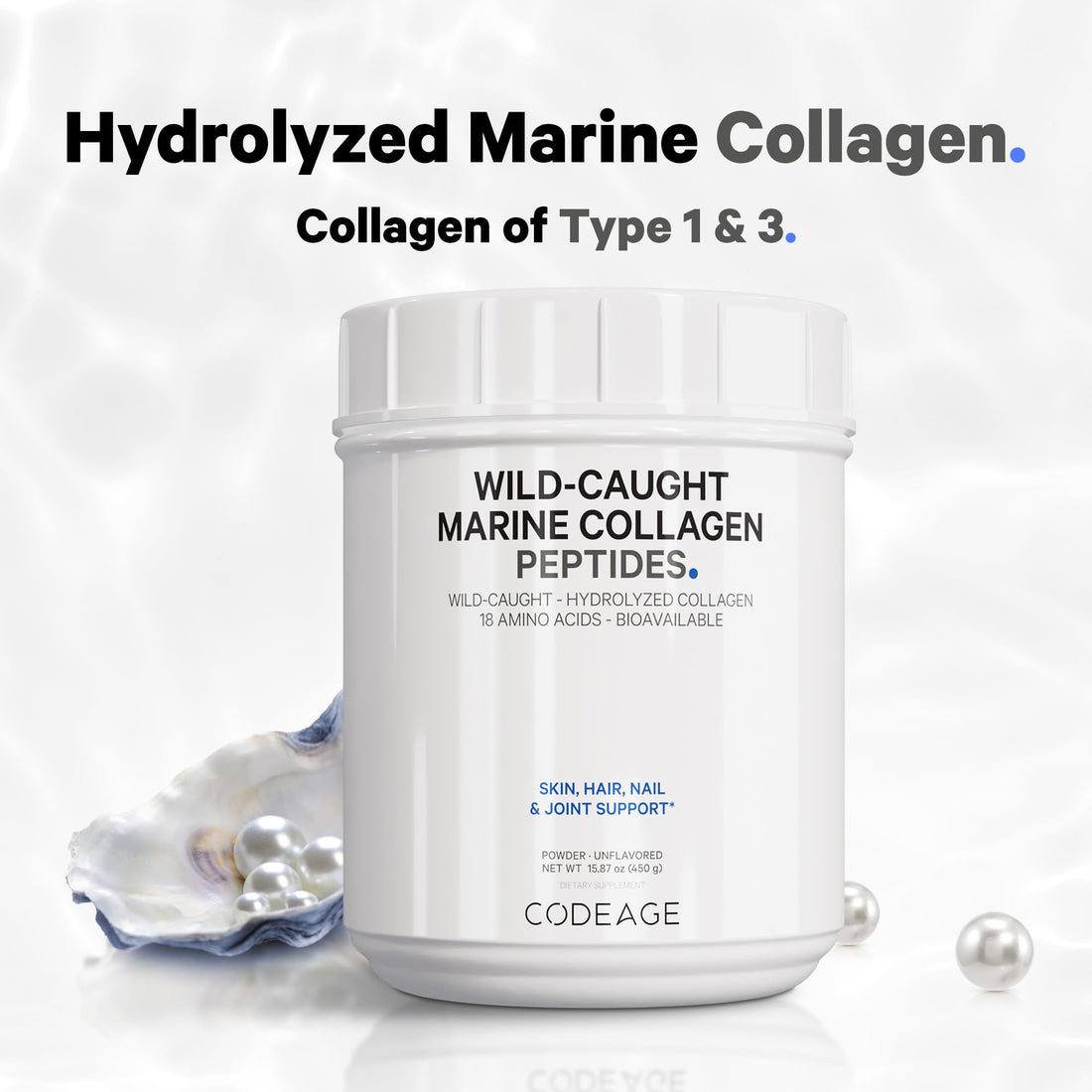 Codeage Marine Collagen Powder - Wild-Caught Hydrolyzed Fish Collagen Peptides - Type 1 & 3 Collagen Protein Supplement - Amino Acids for Skin, Hair, Nails - Paleo Friendly, Non-GMO, 15.87 Ounces