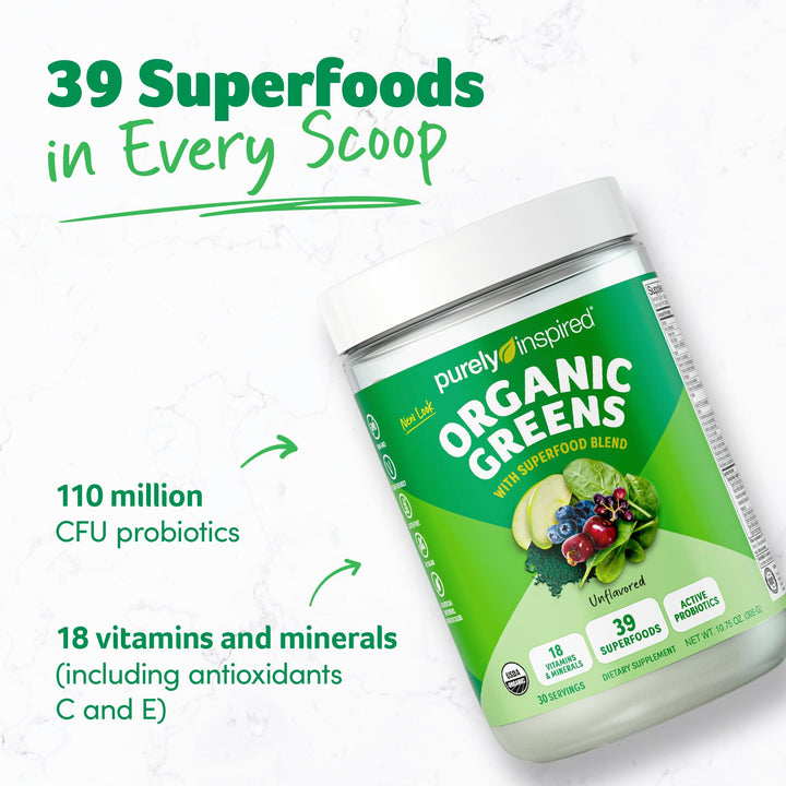 Purely Inspired Organic Greens Powder Superfood Smoothie Mix, Unflavored (30 Servings) - Super Greens with Probiotics, Spirulina & Chlorella for Gut & Digestive Health - Vegan & Gluten-Free