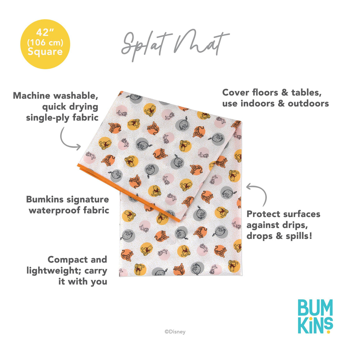 Bumkins Disney Baby Splat Mat for Under High Chair, Babies Toddlers Eating Mess Mat, Waterproof Reusable Cloth for Arts and Crafts, Playtime Mat for Kids, Floor or Table 42inx42in, Winnie The Pooh