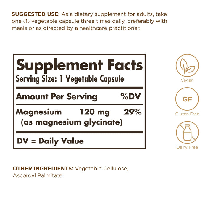 Solgar Magnesium Glycinate - 90 Vegetable Capsules - Vegan, Gluten & Dairy Free - 90 Servings