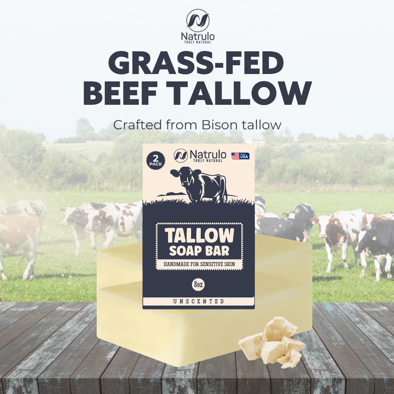 Beef Tallow Soap Bar – All Natural Grass Fed Tallow Soap Unscented – Moisturizing Face & Body Wash Great for Eczema, Dry, Itchy, Sensitive Skin – Handcrafted Bath Soap for Adults, Kids, Made in USA