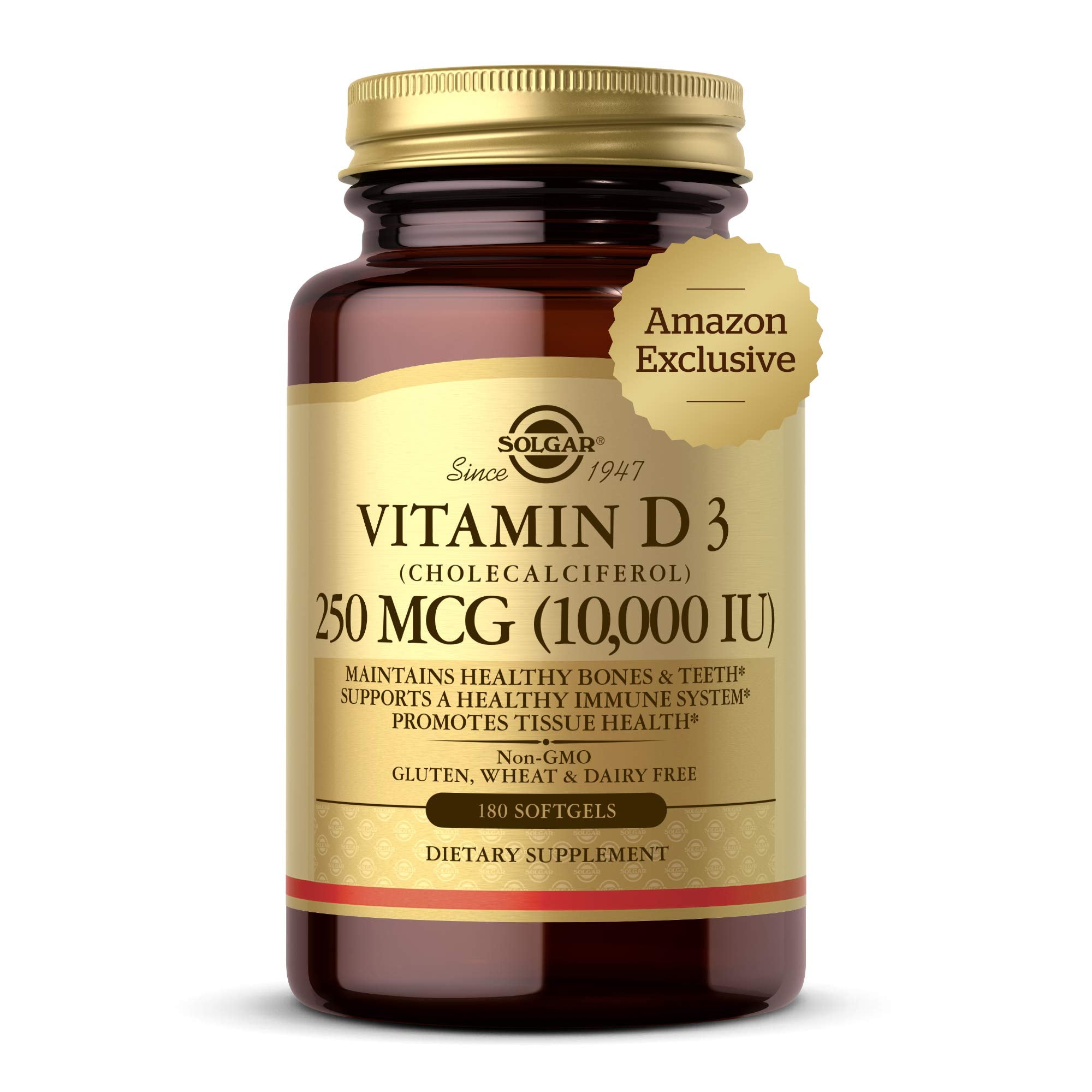 Solgar Vitamin D3 Cholecalciferol 250 MCG 10000 IU Softgels Helps Maintain Healthy Bones Teeth Immune System Support Non-GMO Gluten, Dairy Free Servings, 180 Count