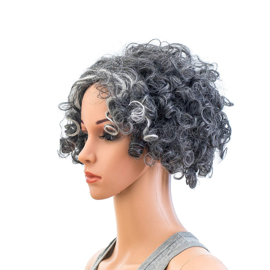 Swacc 12-Inch Old Lady Cosplay Wig Short Silver Gray Grandmother Curly Wigs For Women And Kids With Wig Cap