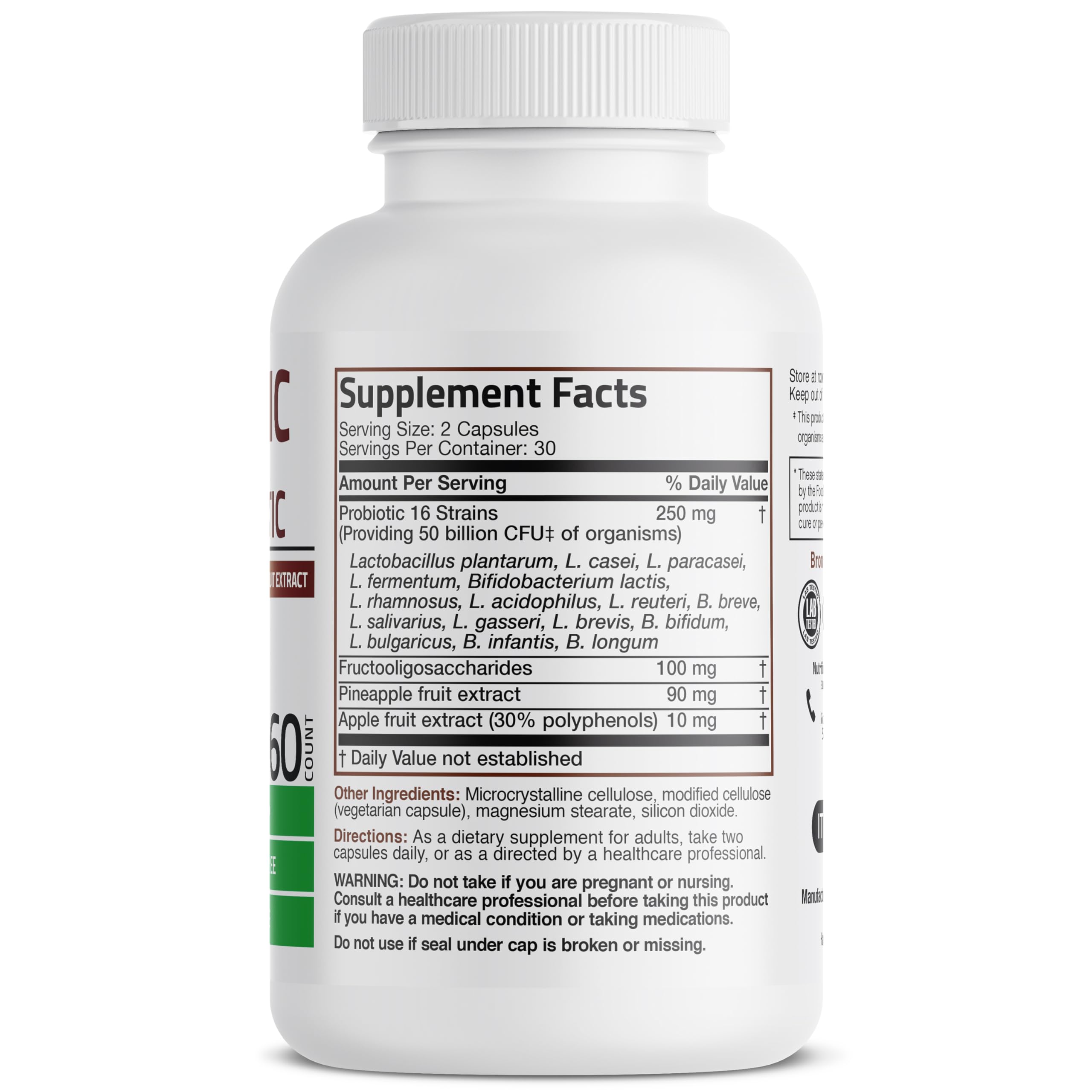 Bronson Probiotic 50 Billion CFU + Prebiotic with Apple Polyphenols & Pineapple Fruit Extract for Women & Men Non-GMO, 60 Vegetarian Capsules