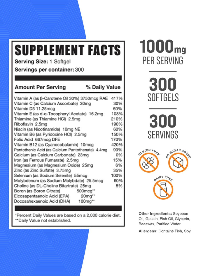 BulkSupplements.com Multivitamin for Men Softgels - Daily Multivitamin, Multimineral Supplement, with Fish Oil - Gluten Free, 1 Men's Multivitamin Softgel per Serving, 300 Count (Pack of 1)