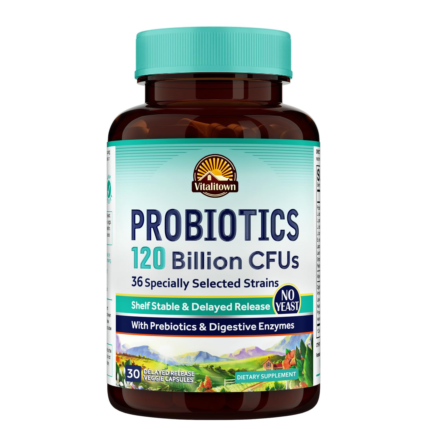 VITALITOWN Probiotics 120 Billion CFUs | 36 Strains, with Prebiotics & Digestive Enzymes for Men Women | Shelf Stable | Digestive Health & Immune Support | Vegan, Non-GMO | 30 Delayed Release Veg Caps
