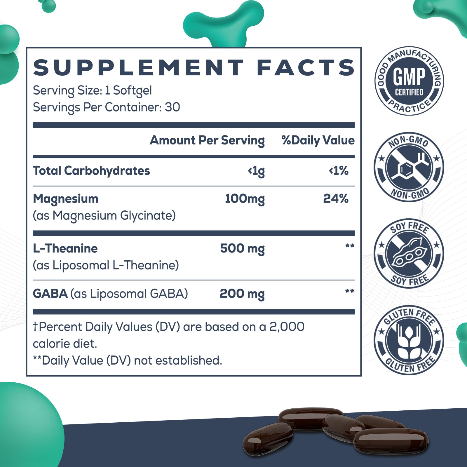 Liposomal L-Theanine 500mg, Complex with GABA 200mg & Magnesium 100mg, Extra Strength Supplement for Calm, Relaxation & Focus, Non-GMO & Gluten Free - 60 Capsules