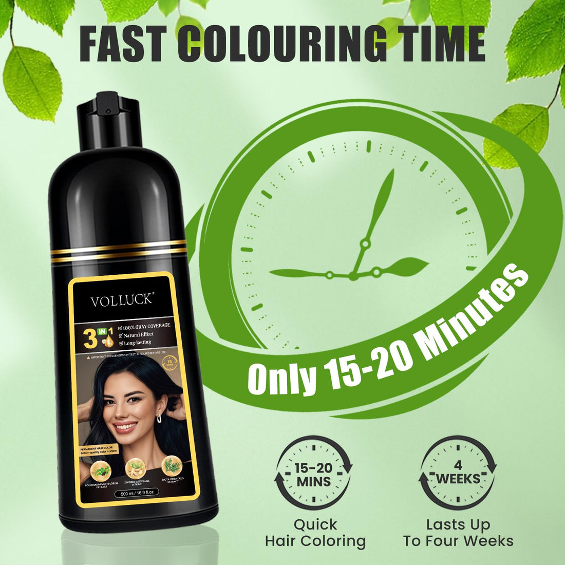 VOLLUCK Hair Dye Shampoo, Hair Dye Shampoo 3 in 1 Long Lasting Gray Hair Coverage for Women & Men (Chestnut Brown)
