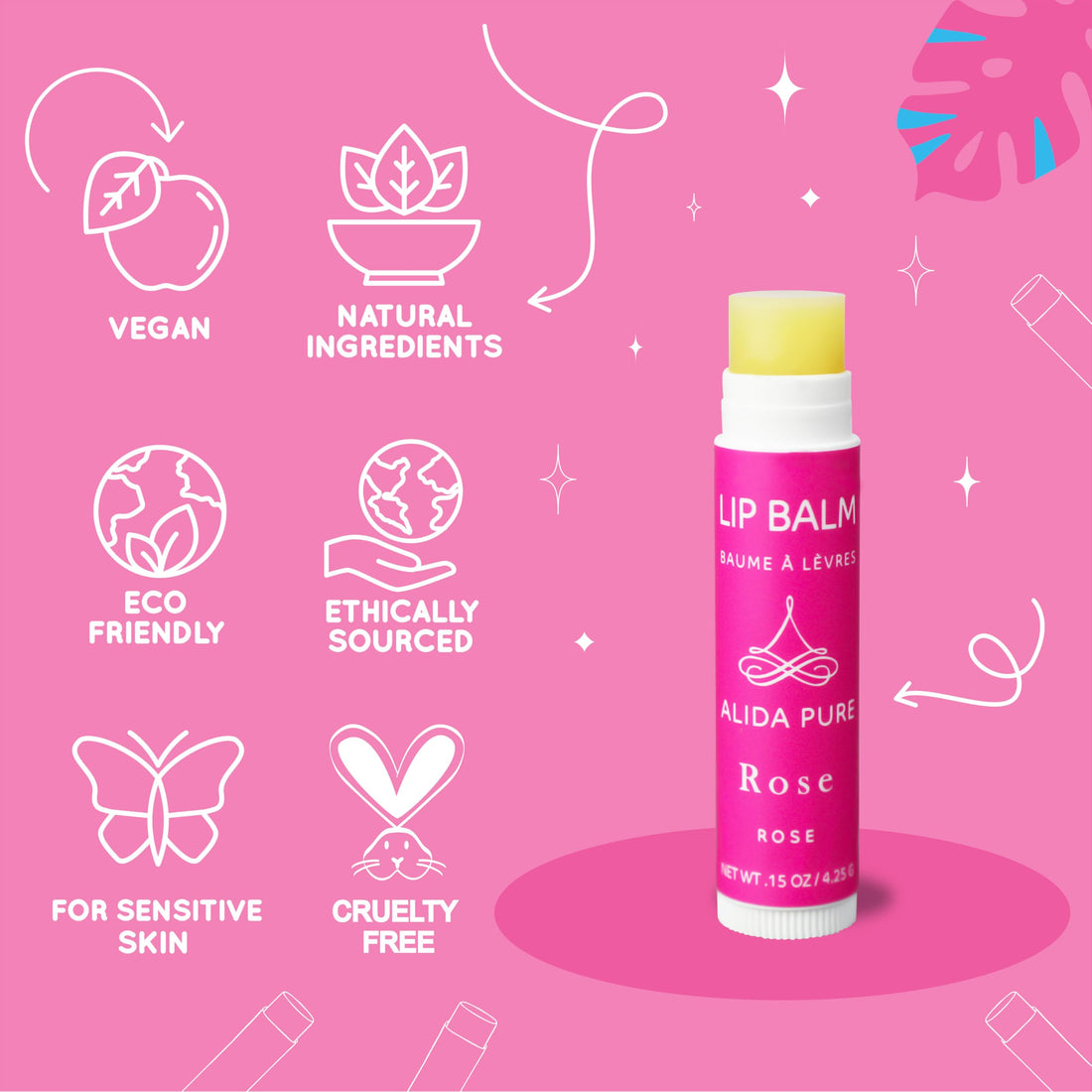 PURE + SIMPLE ROSE LIP BALM COLLECTION, VEGAN, SET OF 5 TUBES