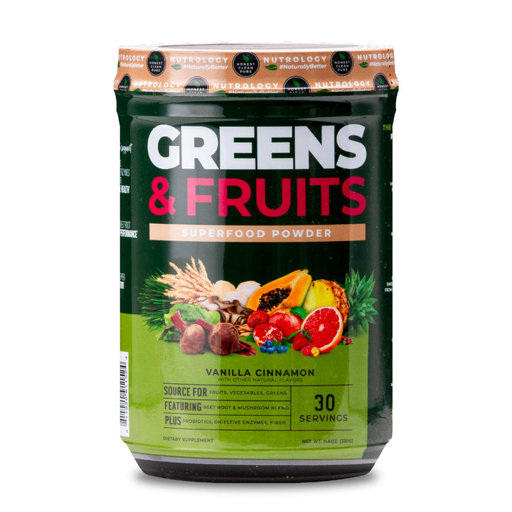Nutrology Greens & Fruits Powder-Naturally Sourced Superfood, Beet Powder, Mushroom Blend, Probiotics, Digestive Enzymes, Fiber, Antioxidants, Immune Support, Gluten Free - Vanilla Cinnamon