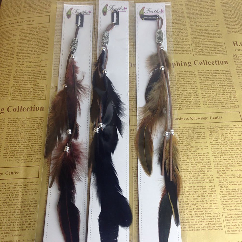 Set of 3 Handmade Boho Hippie Hair Extensions with Feather Clip Comb Headdress Hairpin DIY Accessories for Women Lady Girls