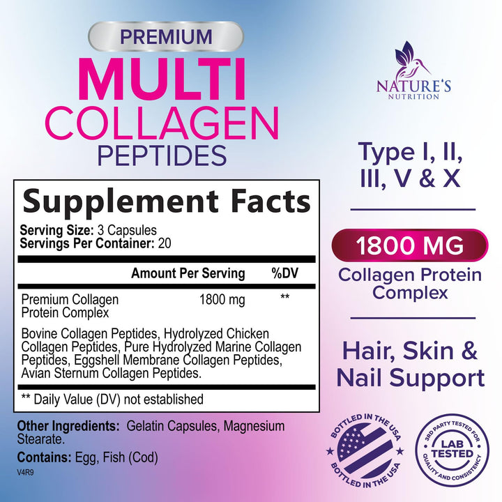 Collagen Peptides for Women & Men - Type I, II, III, V, X Multi Collagen Pills, Hydrolyzed Collagen Peptides Supplements, Nature's Hair, Skin, Nail, and Joint Support Supplement, Non-GMO, 60 Capsules