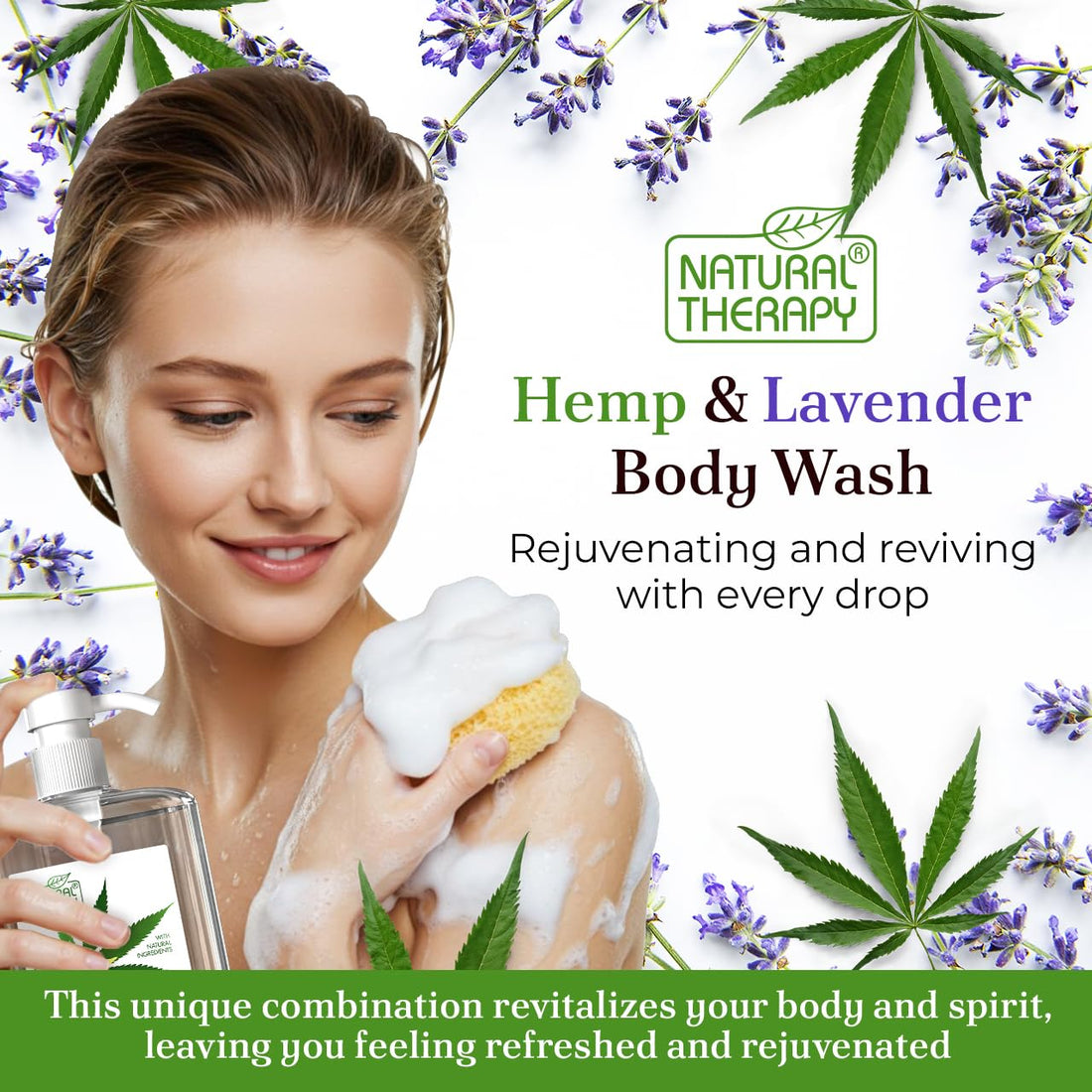 Natural Therapy Body Wash for Women and Men with Hemp & Lavender Oils - Shower Gel Cleanses and Moisturizing Skin - With Dead Sea Minerals Nourish for Body, Pack of 2 (67.6 fl.oz)