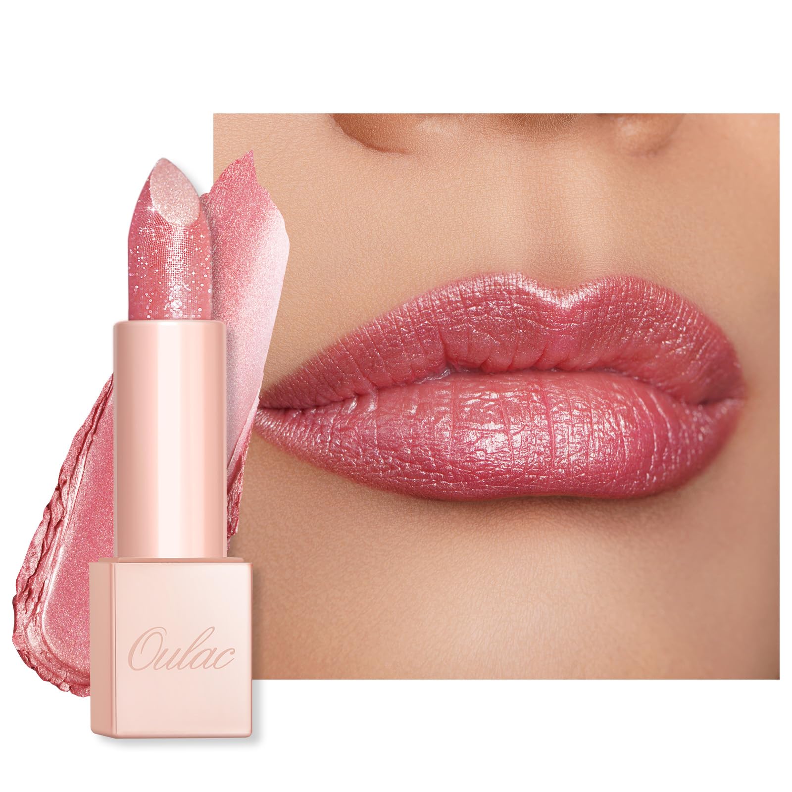Oulac Moisturizing Pink Lipstick for Women - Tinted Lip Balm with Shimmmer, Lightweight Lip Makeup, Nourishing & Hydrating Formula, Vegan & Gluten Free, PG03 Pink Jewel