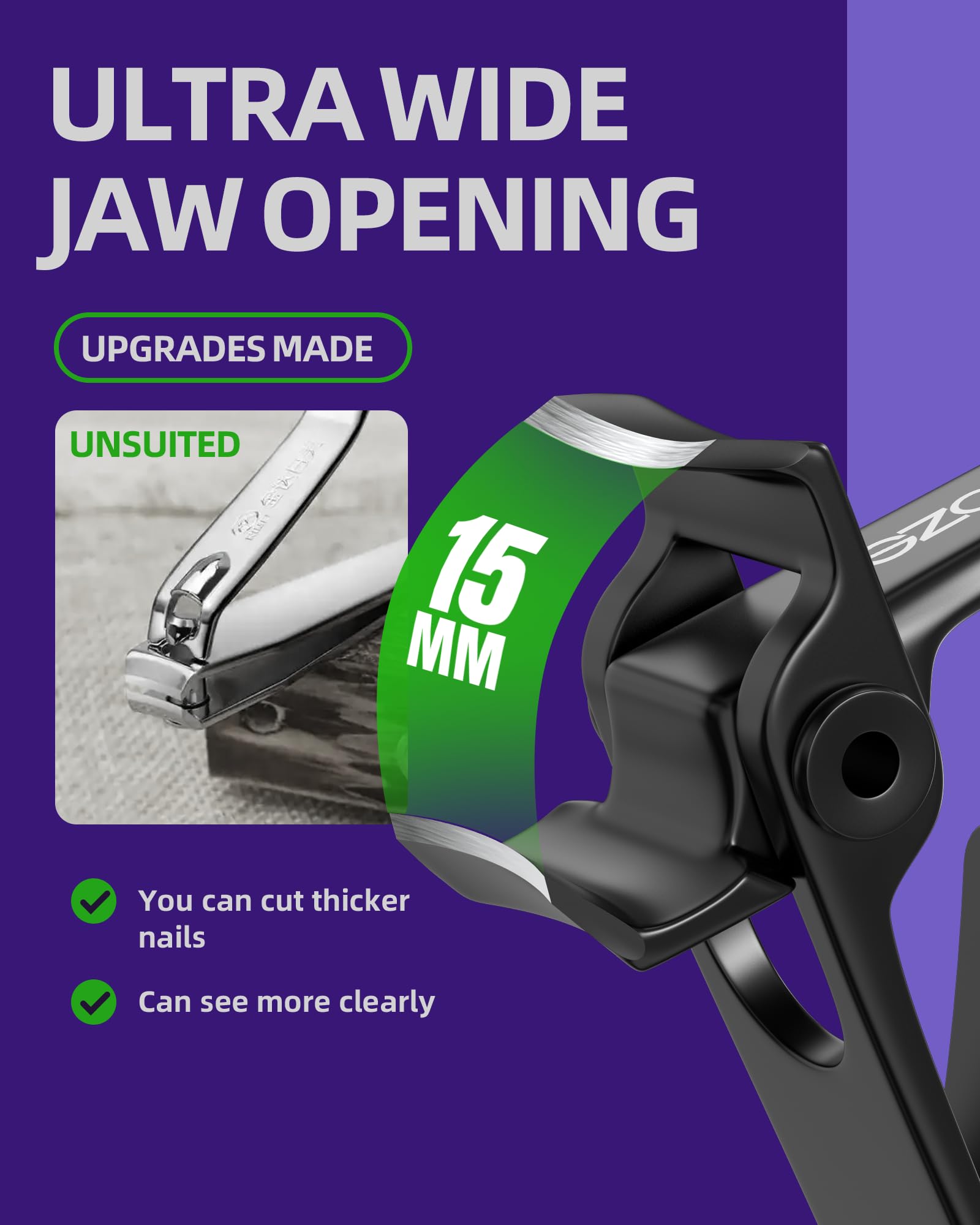 SZQHT Ultra Wide Jaw Opening Nail Clippers Set, Toenail Clippers for Thick Nails, Heavy Duty Nail Cutter, Stainless Steel Toe Nail Clippers for Seniors, Men & Women Manicure,Pedicure,Big(Black)