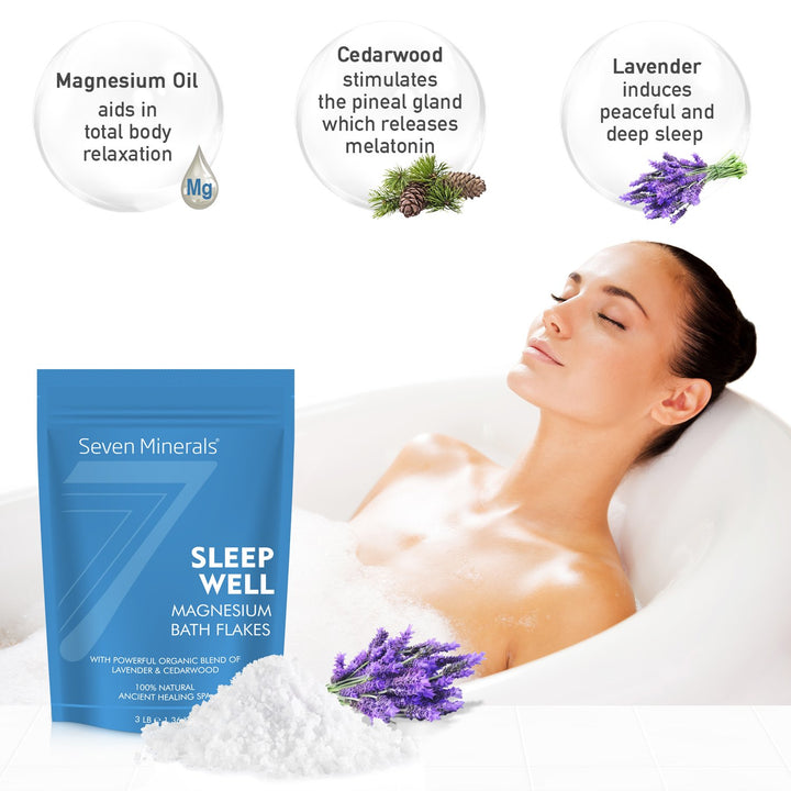 Seven Minerals SleepWell Magnesium Chloride Flakes 3lb – Absorbs Better Than Epsom Salt - Unique & Natural Full Bath Soak Formula for Healthy Relaxation - with Cedarwood & Lavender