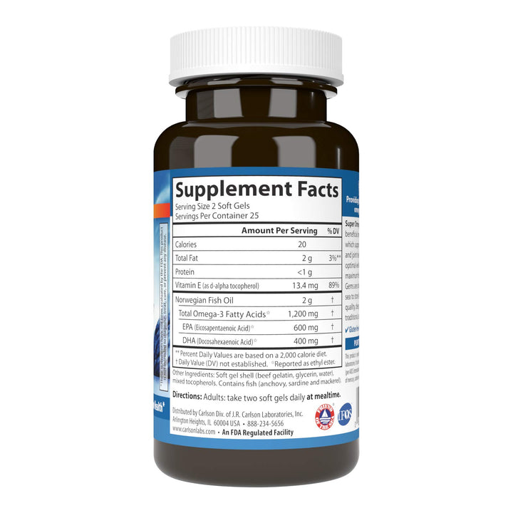 Carlson - Super Omega-3 Gems, 1200 mg Omega-3s, Wild Caught, Sustainably Sourced, 50 soft gels