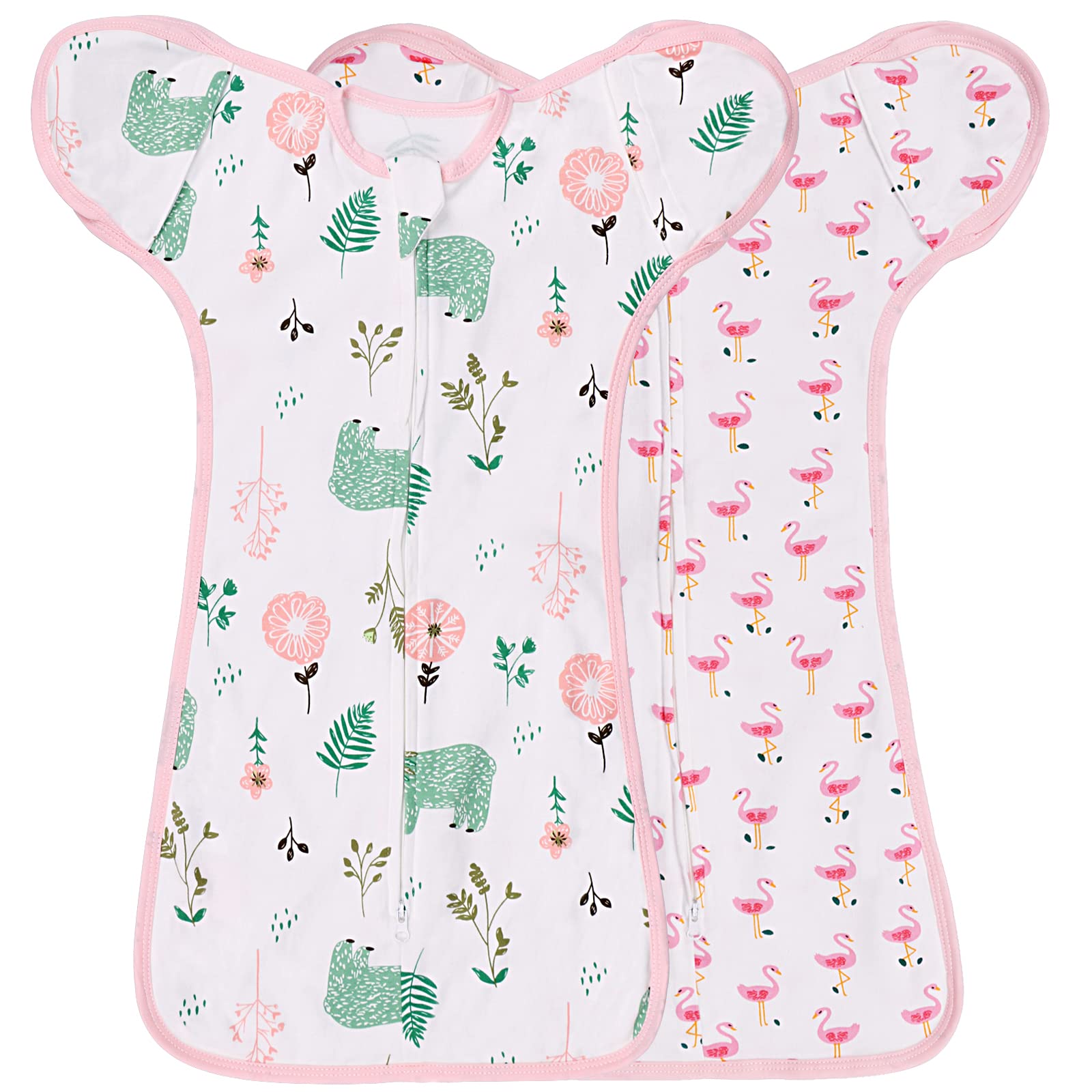 2 Pack Transition Swaddle with 2 Way Zipper, 2 in 1 Arms in/Out Transitional Arms Up Swaddle, 100% Cotton Newborn Swaddle Zipper Swaddles Baby Swaddling Sack Sleeping Sack 3-6 Months, Flamingo & Bear