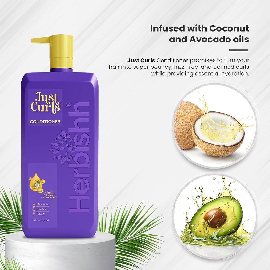 Herbishh Just Curls Conditioner with Avocado Oil Nourishing Curly Hair Conditioner Curl Enhancing Formula Repairs Damage Hair & Controls Frizz Vegan & Paraben-Free (16.91 fl.oz)