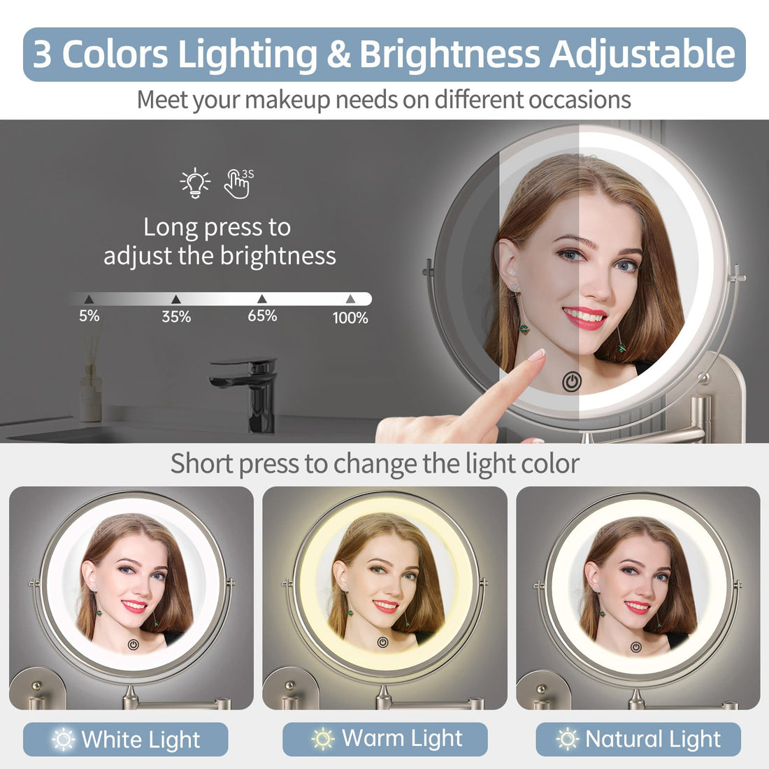 Rechargeable Wall Mounted Lighted Makeup Vanity Mirror 8 inch 1X/10X Magnifying Mirror with 3 Color Lights, Double Sided Bathroom Mirror with Dimmable LED Lights, Shaving Light up Mirror Brush Nickel