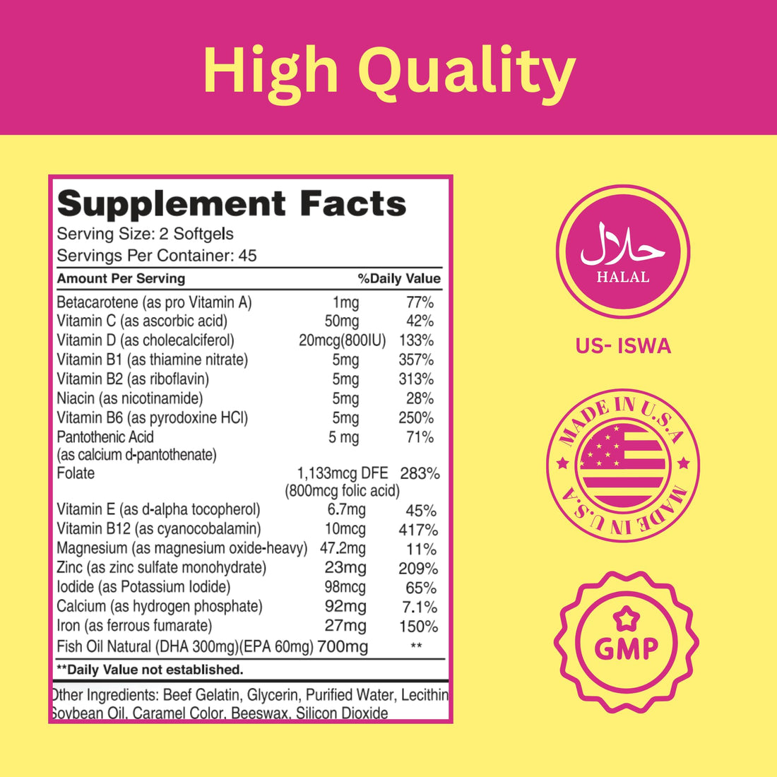 Greenfield Nutritions Halal Prenatal Vitamins with DHA and Folic Acid - Essential Prenatal Pregnancy Multivitamin with Iron - Contains 17 Vitamins for Mom to Be - Easy to Swallow 90 Liquid Softgels