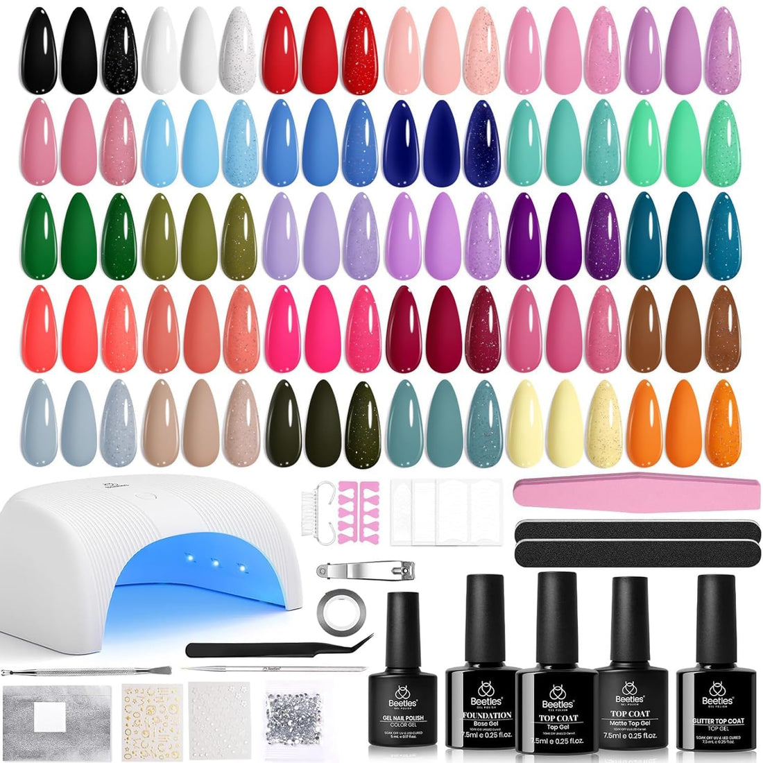 Beetles Gel Nail Polish Kit with U V Light, Beetles Four Seasons Glow 32 Colors Gel Polish 54 Pcs Nail Kit with Base and Matte&Glossy Top Coat Soak Off DIY Art Manicure Gifts for Women Teens Girls
