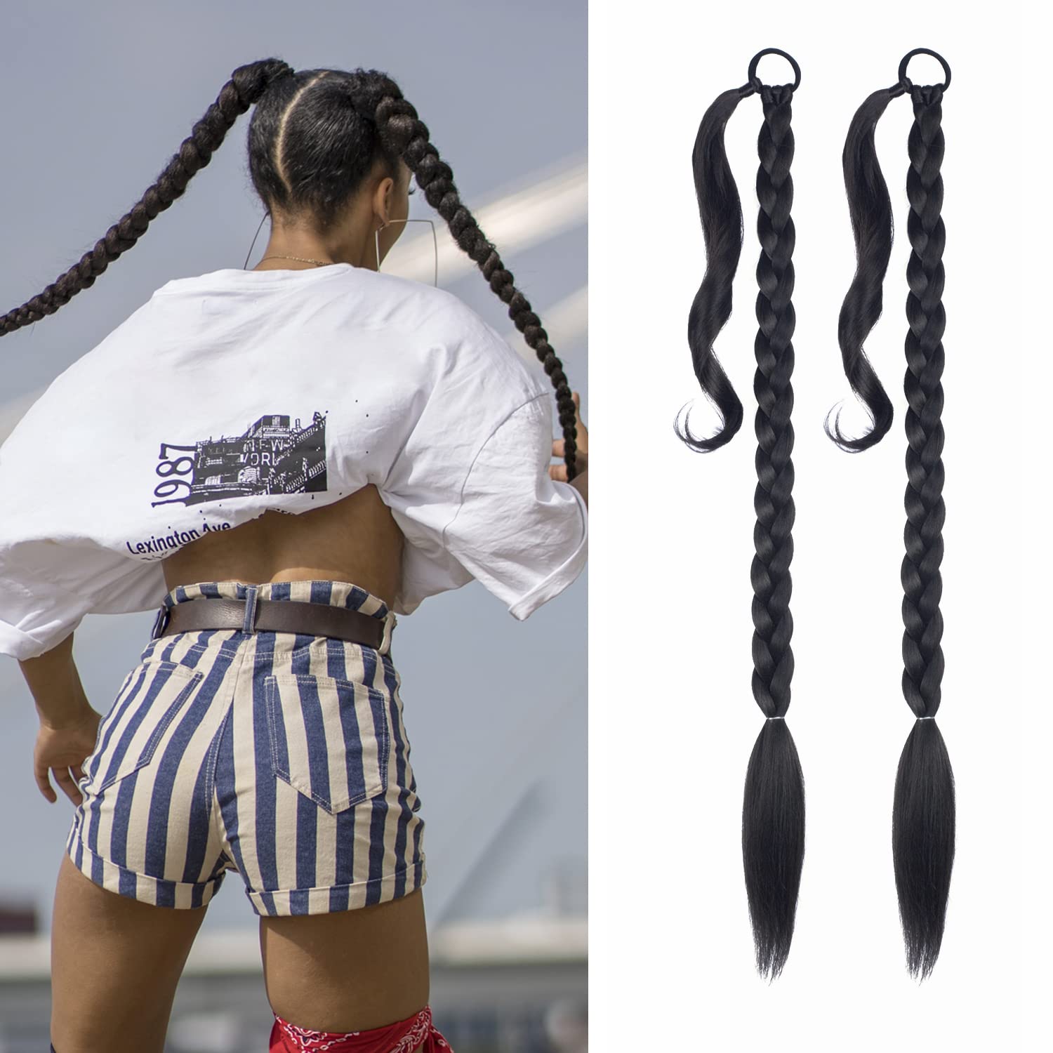 2 Pack Long DIY Braided Ponytail Extension with Hair Tie Straight Wrap Around Hair Extensions Ponytail(2#)
