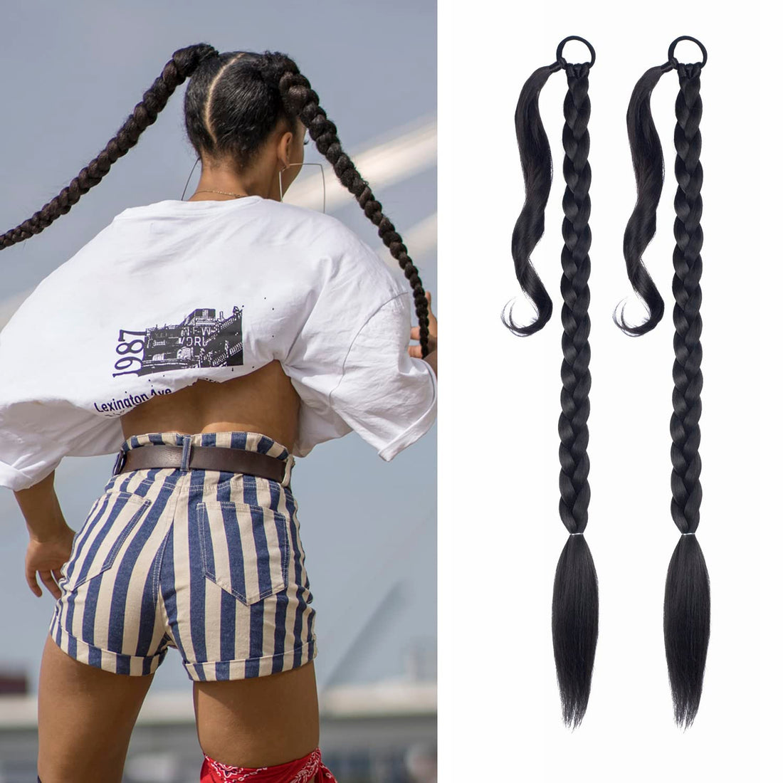 2 Pack Long DIY Braided Ponytail Extension with Hair Tie Straight Wrap Around Hair Extensions Ponytail(2#)