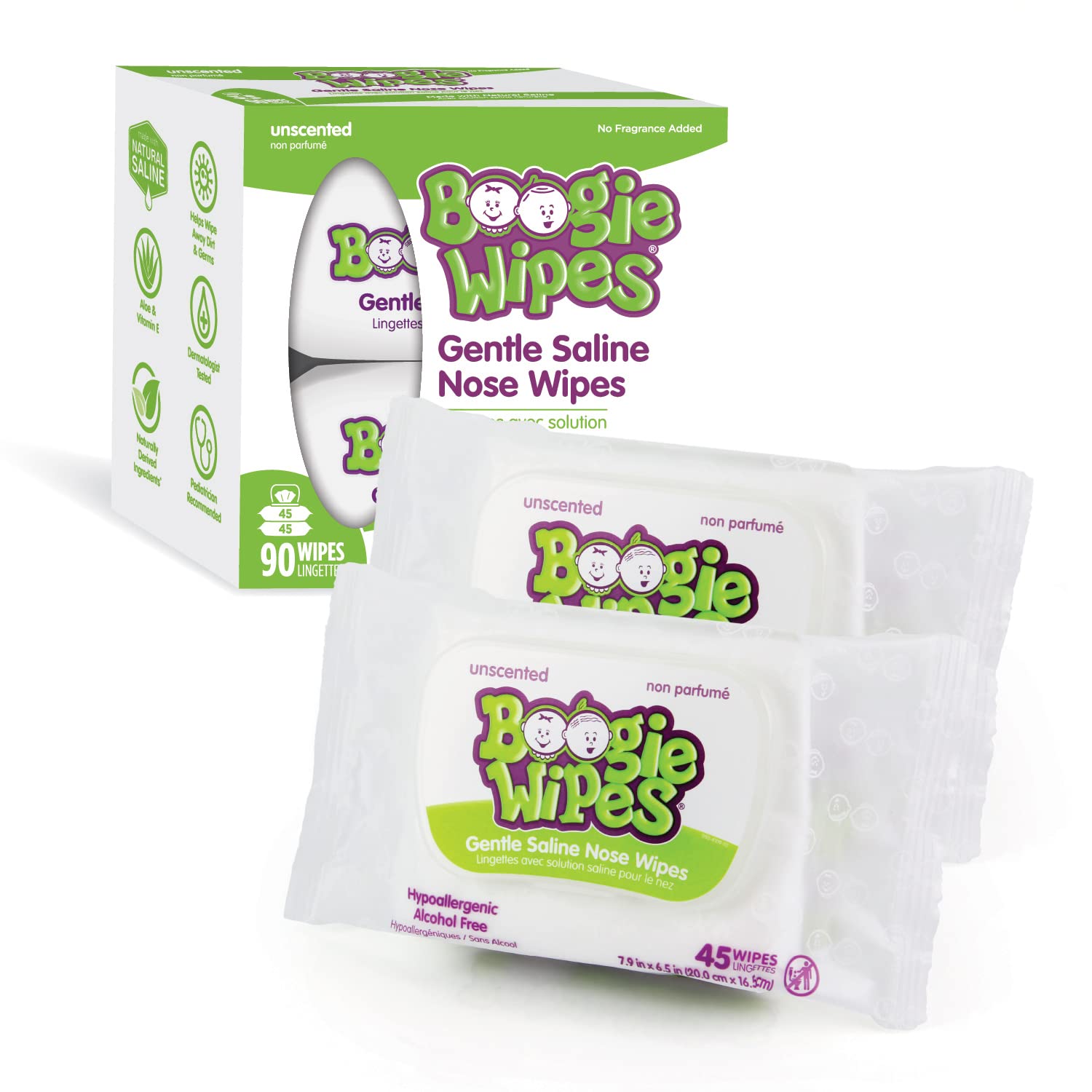 Boogie Wipes, Saline Wipes for Baby & Kids, Nose Booger Wipes for Allergy Relief, Face, Hand & Body, Made with Vitamin E, Aloe and Natural Saline, Unscented, 45 Count (Pack of 2)