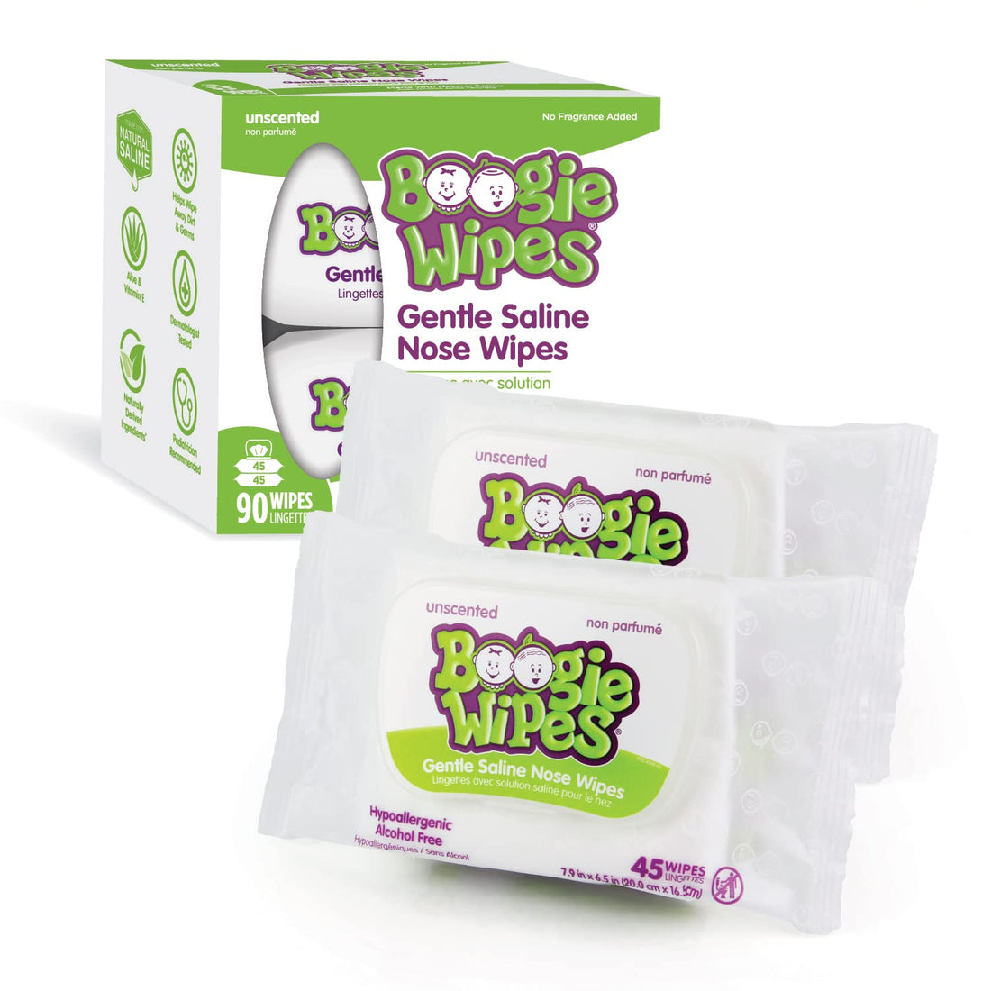 Boogie Wipes, Saline Wipes for Baby & Kids, Nose Booger Wipes for Allergy Relief, Face, Hand & Body, Made with Vitamin E, Aloe and Natural Saline, Unscented, 45 Count (Pack of 2)