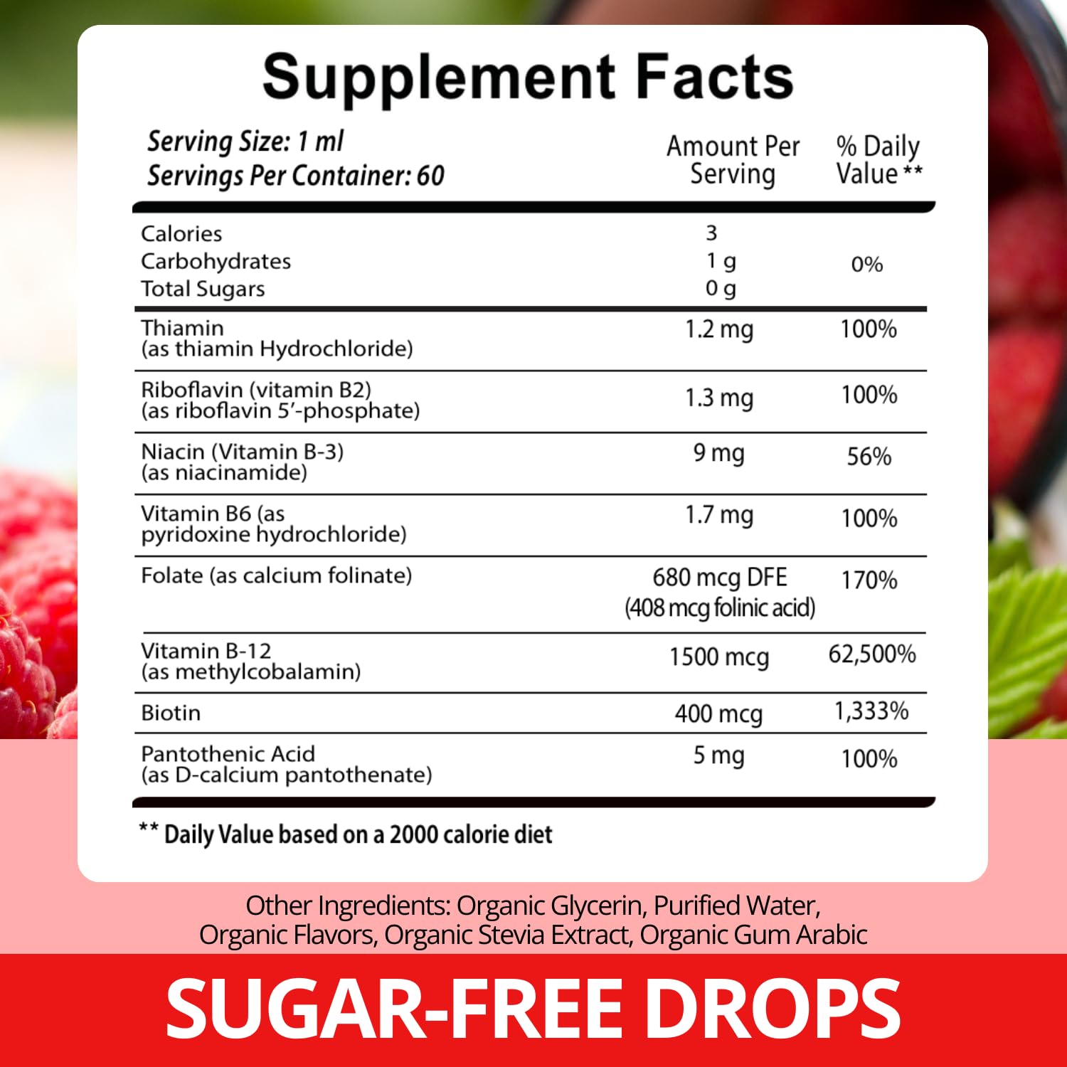 Vitamin B Complex with 20000 mcg - Extra Strength for Men and Women - Vegan| Raspberry Liquid Drops| USA Made, B1, B2, B3, B5, B6, Biotin, Folic Acid & B12 Sublingual Methylcobalamin | 4 Months Supply