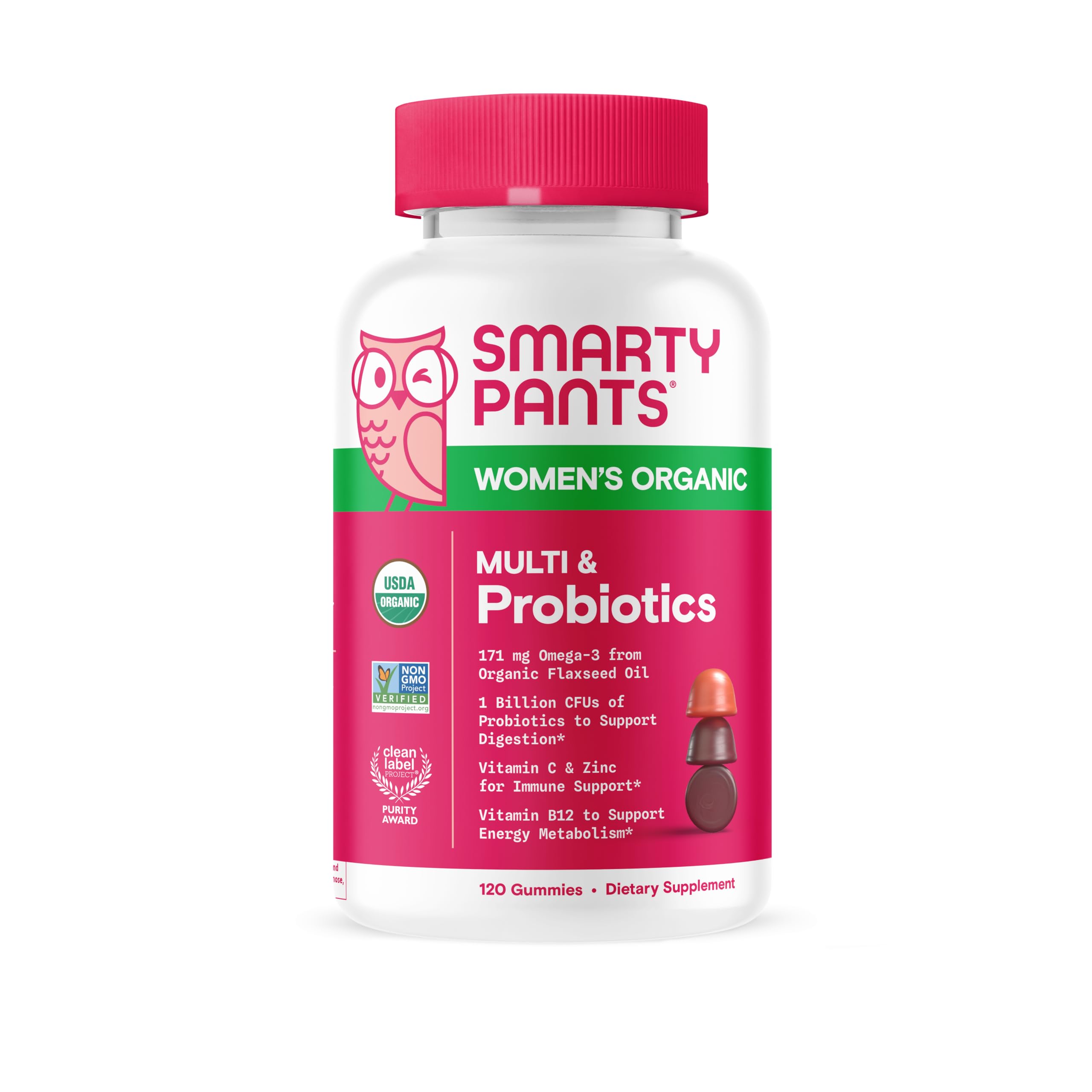 SmartyPants Organic Women's Multivitamin Gummies: Biotin, Probiotics, Methylfolate, Omega 3 (ALA), Vitamin D3, C, Vitamin B12, B6, A, K & Zinc, Inositol, Gluten Free, 120 Count (30 Day Supply)