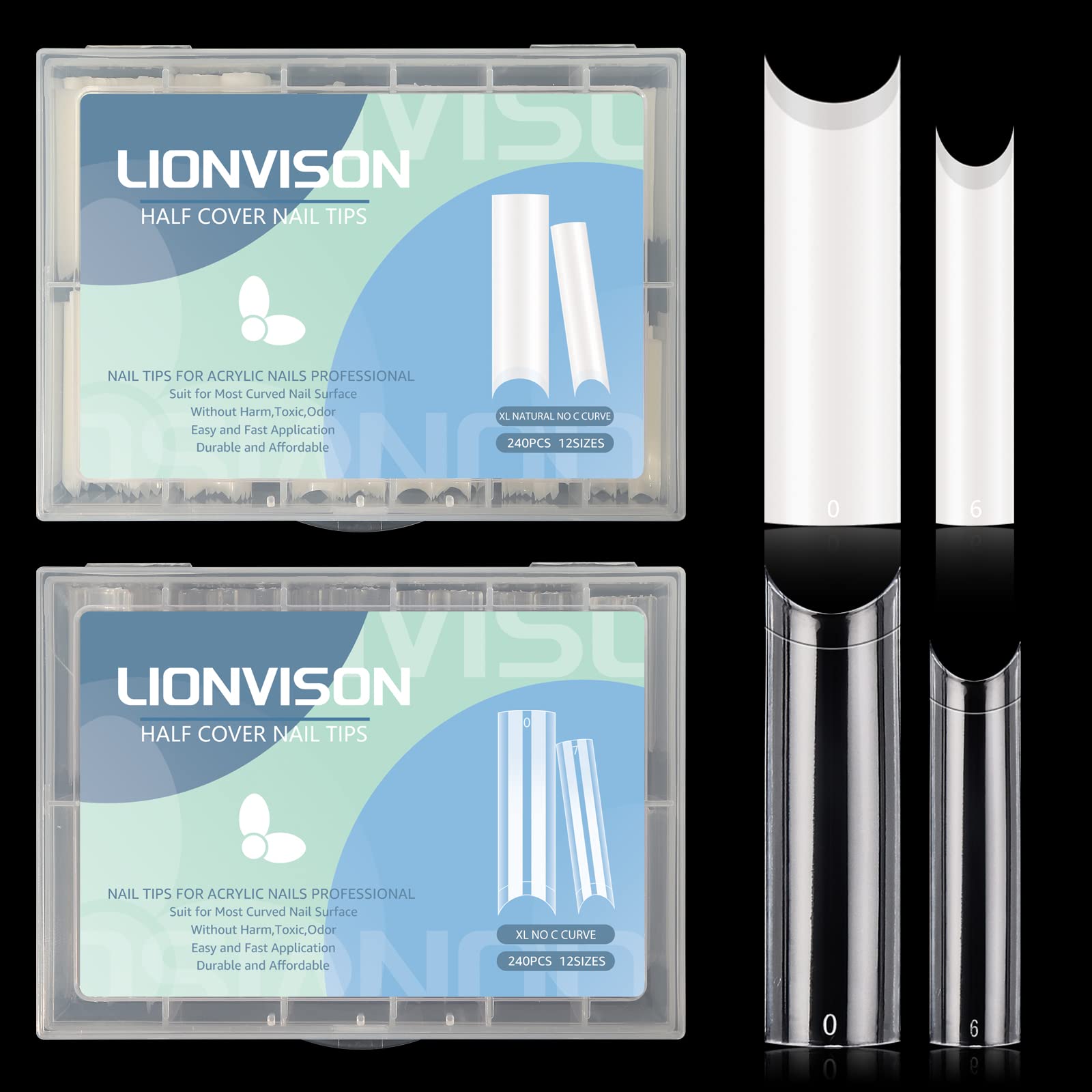 400PCS Extra Long C Curve Nail Tips, 2 Pack Natural and Clear Artificial Acrylic Nail Tips Manicure, 10 Sizes XXL Long Straight Square Shape French Press on False Nail Tips for Nail Art Salon Home DIY