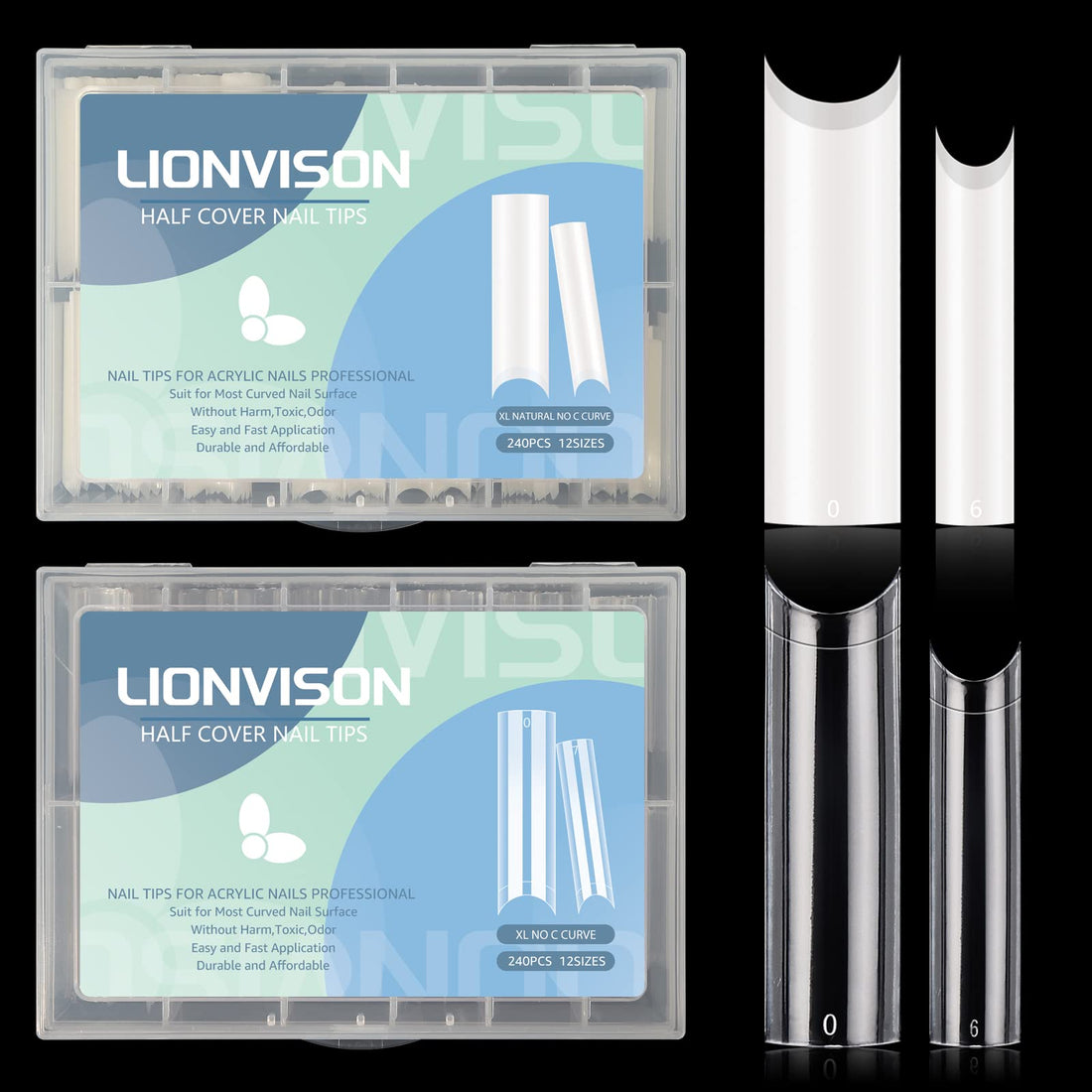 400PCS Extra Long C Curve Nail Tips, 2 Pack Natural and Clear Artificial Acrylic Nail Tips Manicure, 10 Sizes XXL Long Straight Square Shape French Press on False Nail Tips for Nail Art Salon Home DIY