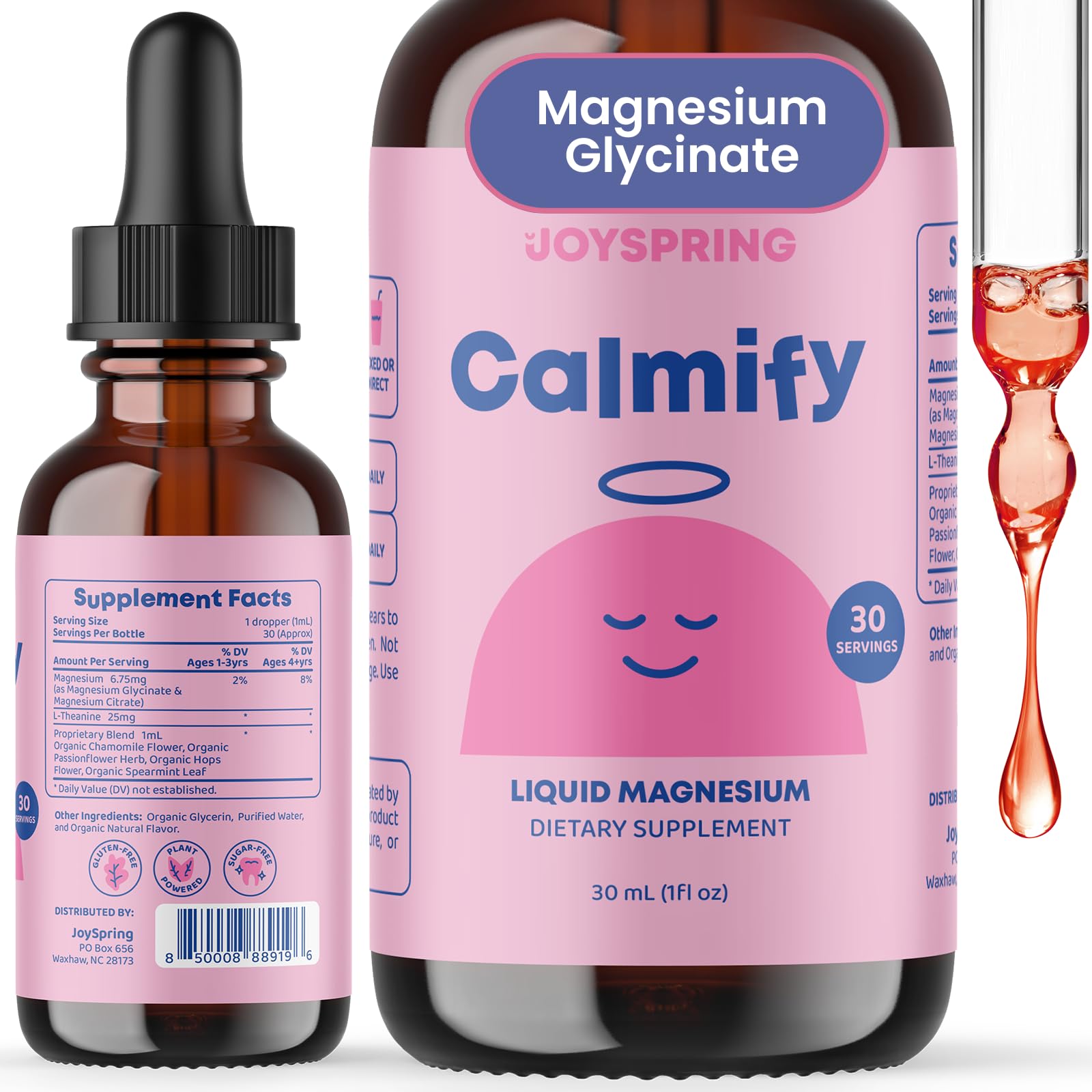 JoySpring Magnesium Citrate & Glycinate Liquid for Kids – Sugar & Gluten-Free Supplement with L-Theanine & Chamomile – Supports Kids & Teens (1 fl oz, 30 Servings)