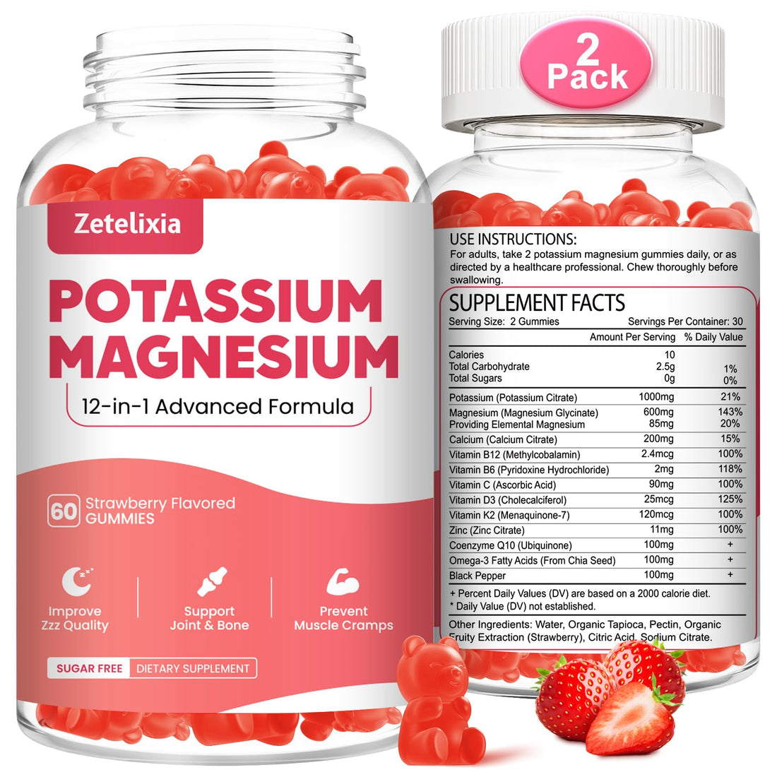 Potassium Magnesium Supplement Gummies for Adults Kids, Magnesium Glycinate & Potassium Citrate, Plus Multivitamin,Omega-3 & Black Pepper, Leg Cramps, Muscle & Heart Health, 120ct