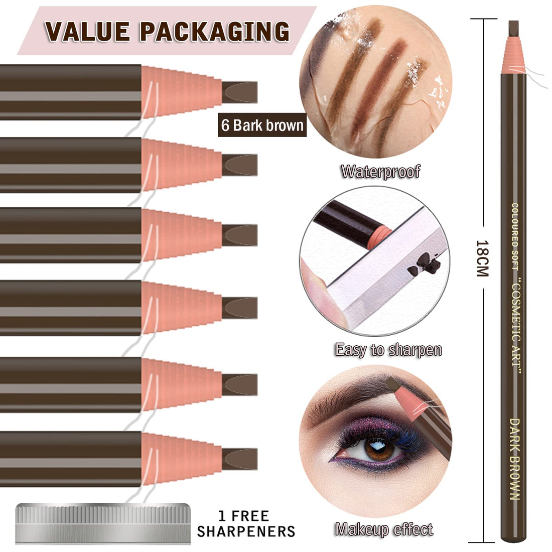 Waterproof Eyebrows Pencil Tattoo Makeup And Microblading Supplies Kit-Permanent Eye Brow Liners In 5 Colors Waterproof Eyebrow Pencils Peel - Brow Pencil Set For Marking (6 Dark Brown)