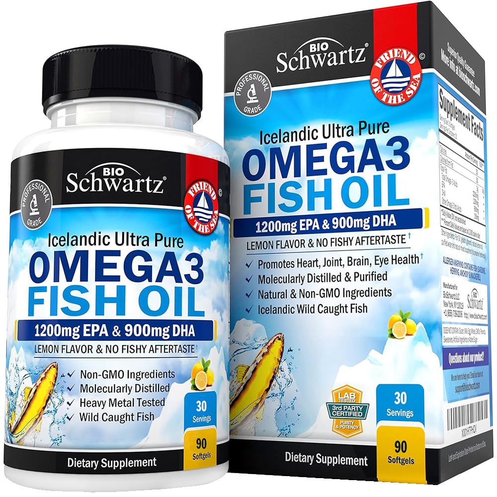 Triple Strength Omega 3 Fish Oil Supplement - 2250mg EPA DHA Omega 3 Fatty Acids from Fresh Wild Caught Fish, Supports Joint, Eyes, Brain Health - Burpless Lemon Flavor, Gluten Free, 90 Softgels