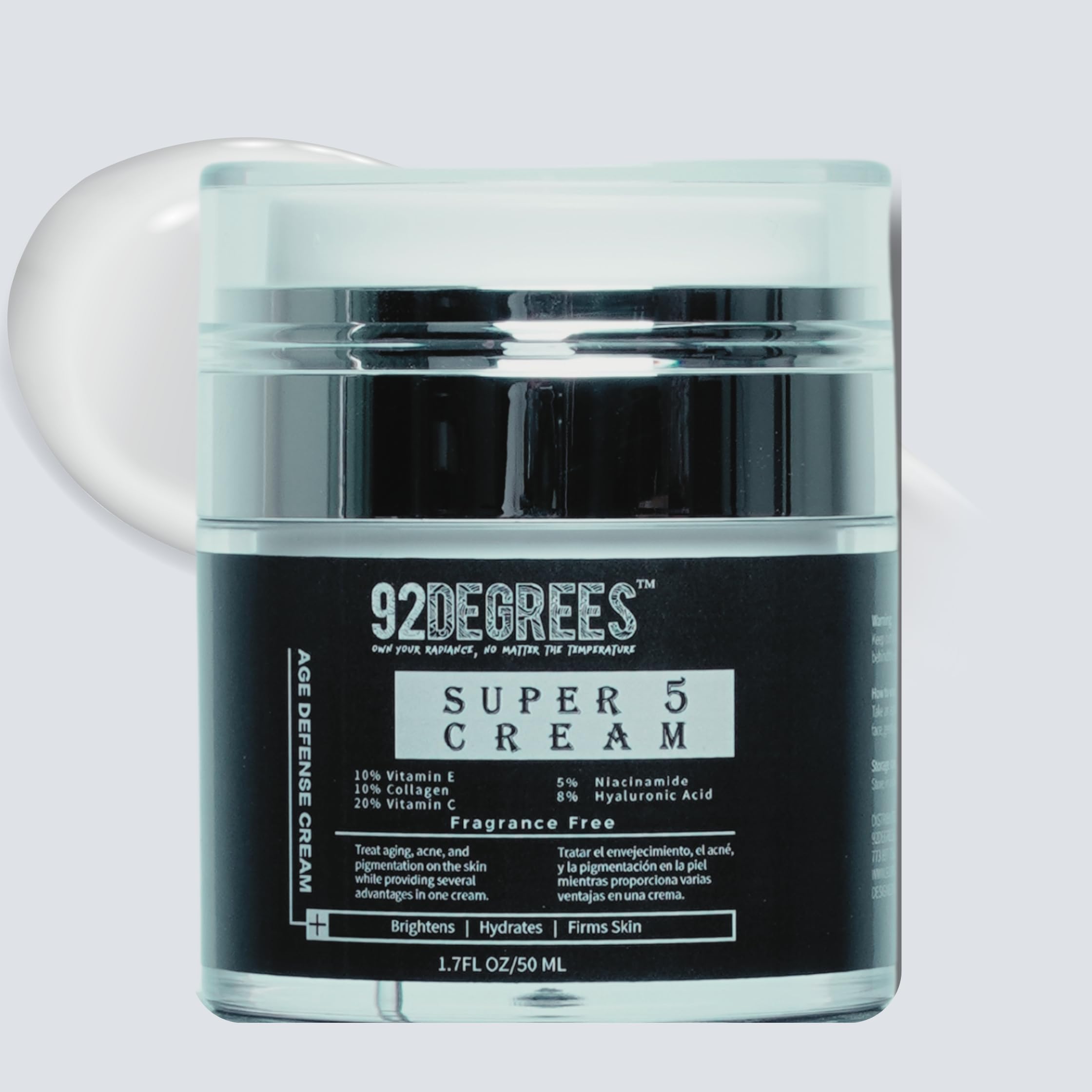 92 Degrees Super 5 Anti-Aging Face Cream, 1.7 Fl Oz, with Vitamin C, Hyaluronic Acid, Collagen, Niacinamide, Fragrance Free