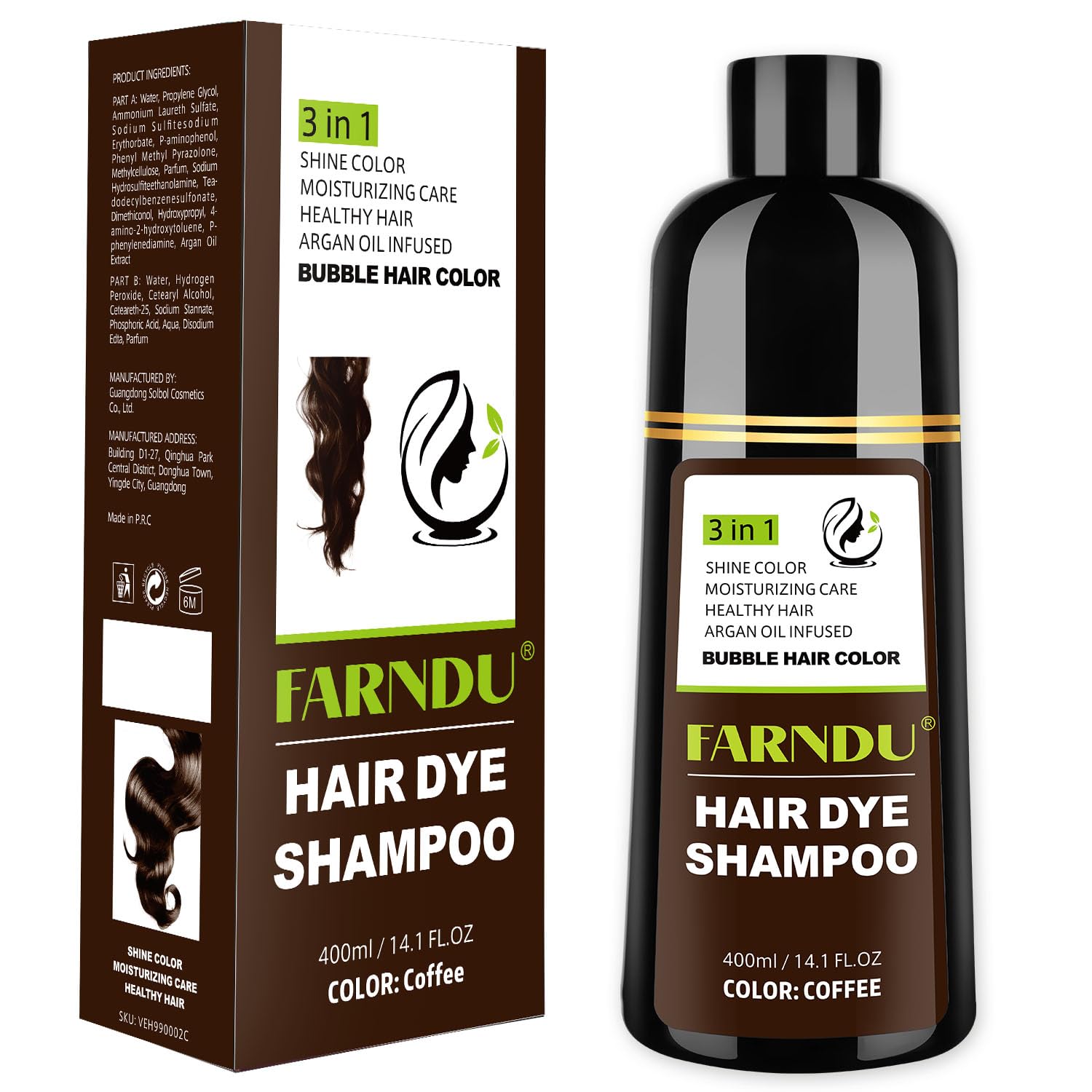 Farndu Coffee Hair Dye Shampoo for Women & Men - Gray Coverage 3 In 1 Natural Color Shampoo